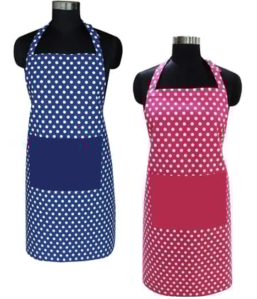 AIRWILL Cotton Polka Dot Pattern Printed Free Size Apron with Center Pocket, Adjustable Buckle on Top and Long Straps (Blue,Pink, Pack of 2)