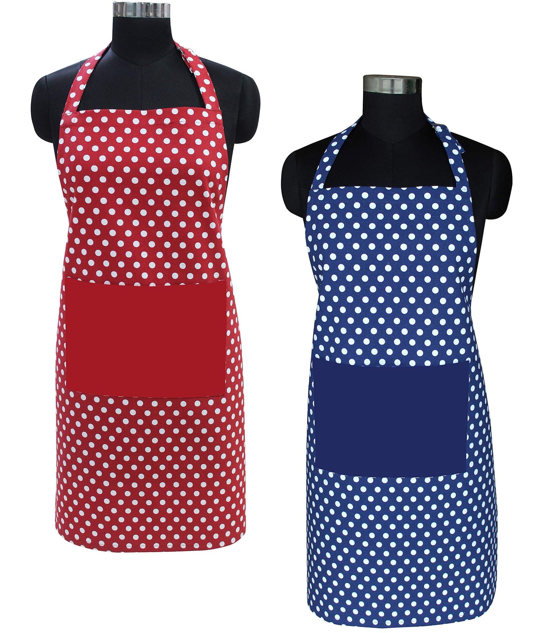 AIRWILL Cotton Polka Dot Pattern Free Size Apron with Center Pocket, Adjustable Buckle on Top and Long Straps (Red,Blue, Pack of 2)