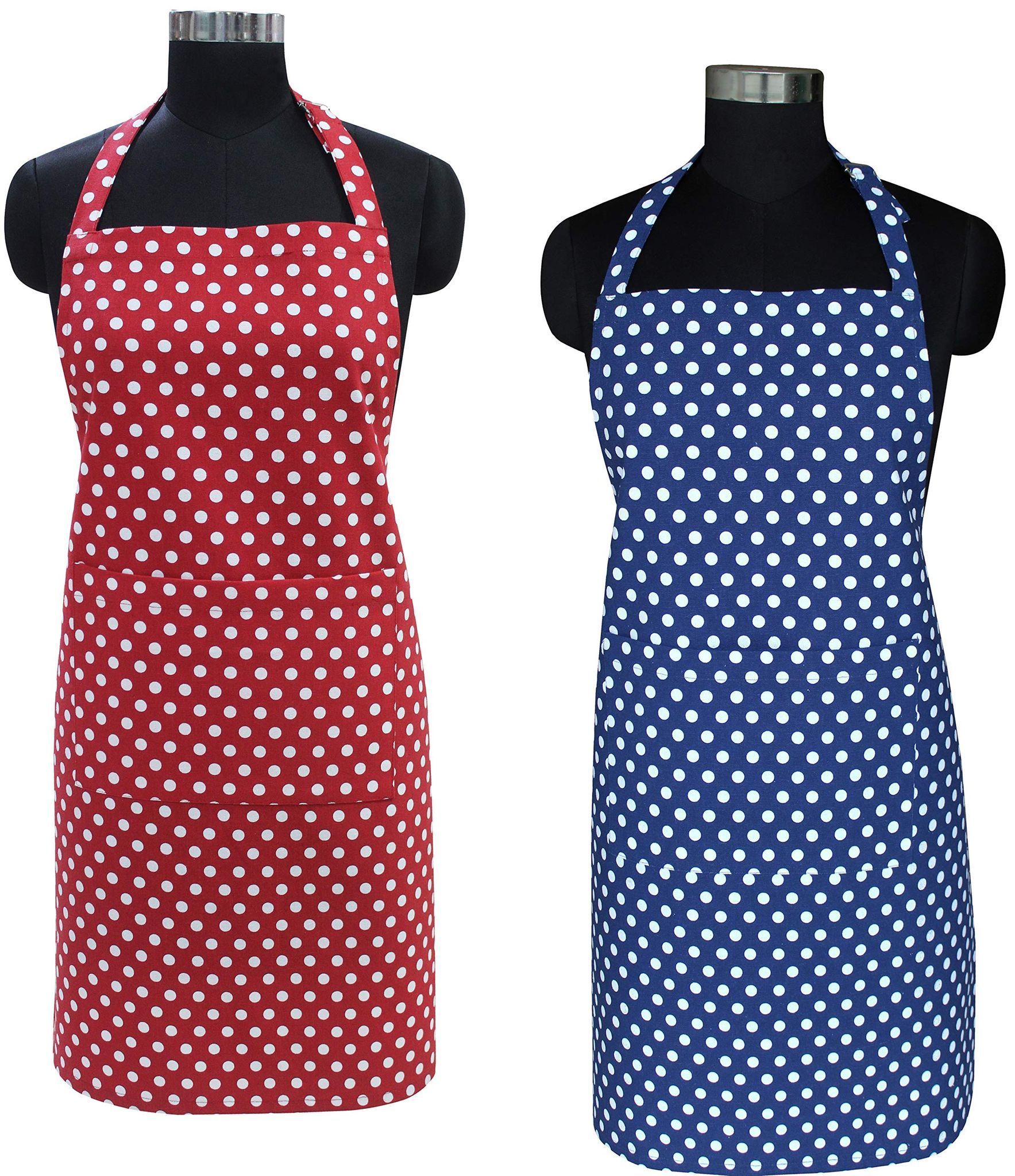 AIRWILL 100% Cotton Quality Polka Pattern Printed Free Sized Apron with 1 Center Pocket (Red,Blue, Pack of 2)