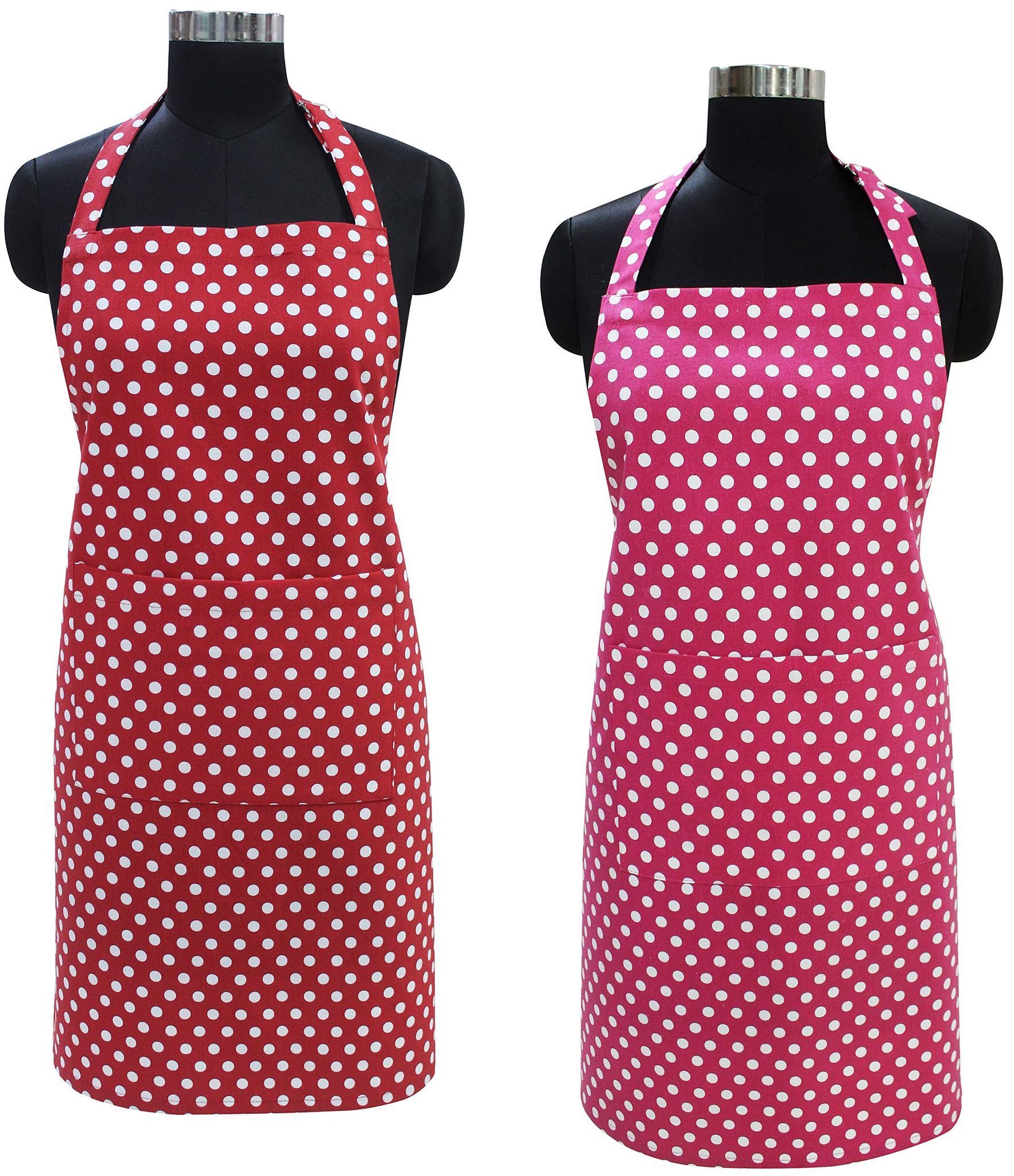 AIRWILL Cotton with Polka Dot Printed Pattern Free Sized Apron - Adjustable Buckle on Top, Long Straps on Both Sides and Center Patch Pocket (Red,Pink, Pack of 2)