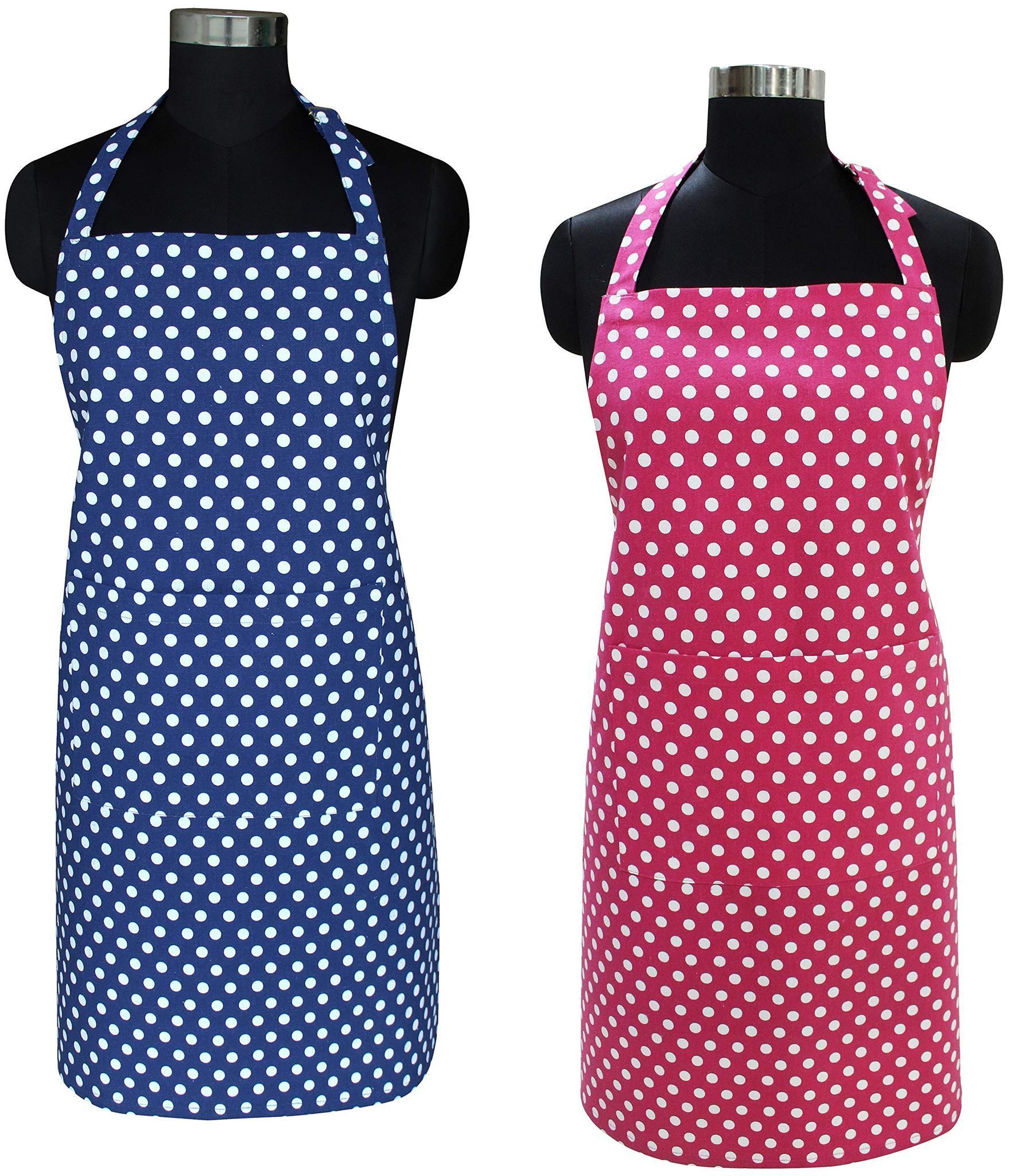 AIRWILL Cotton Polka Dot Printed Free Size Apron with Center Pocket, Adjustable Buckle on Top and Long Straps (Blue,Pink, Pack of 2)