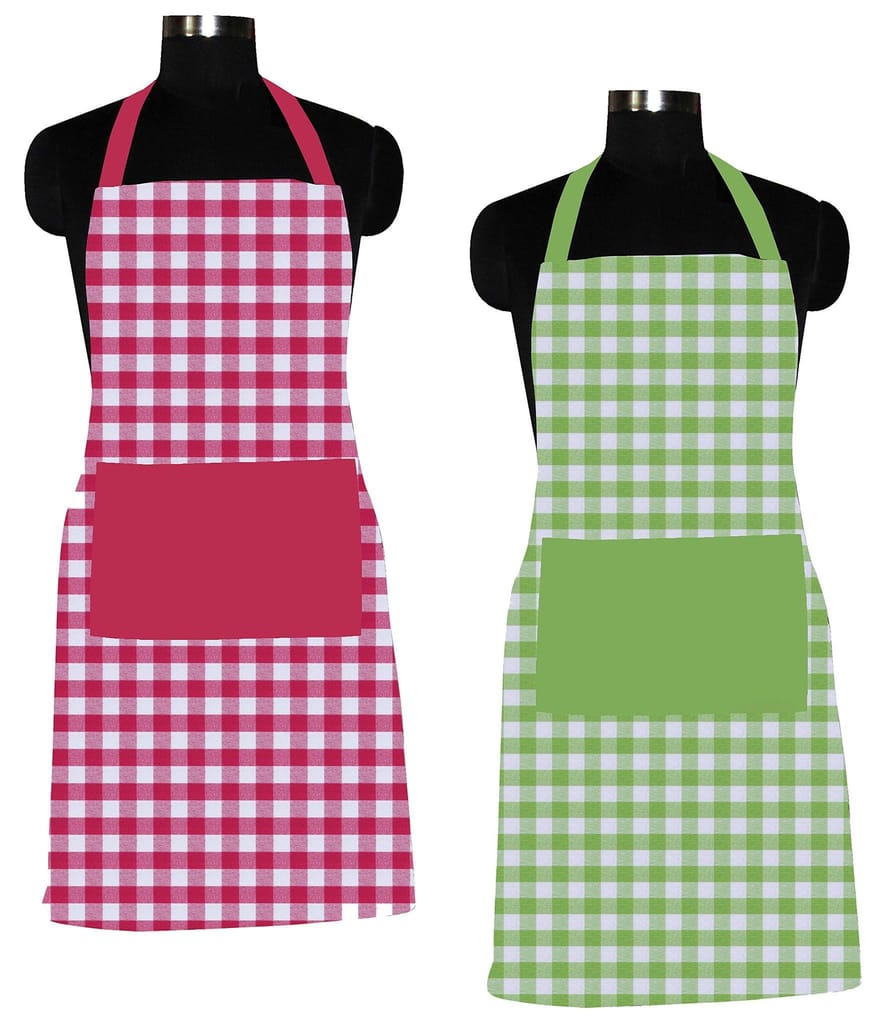 AIRWILL 100% Cotton Premium Quality Checkered Pattern Free Sized Apron (Pink,Green, Pack of 2) - Cookware | Buy online on ZillyBuy