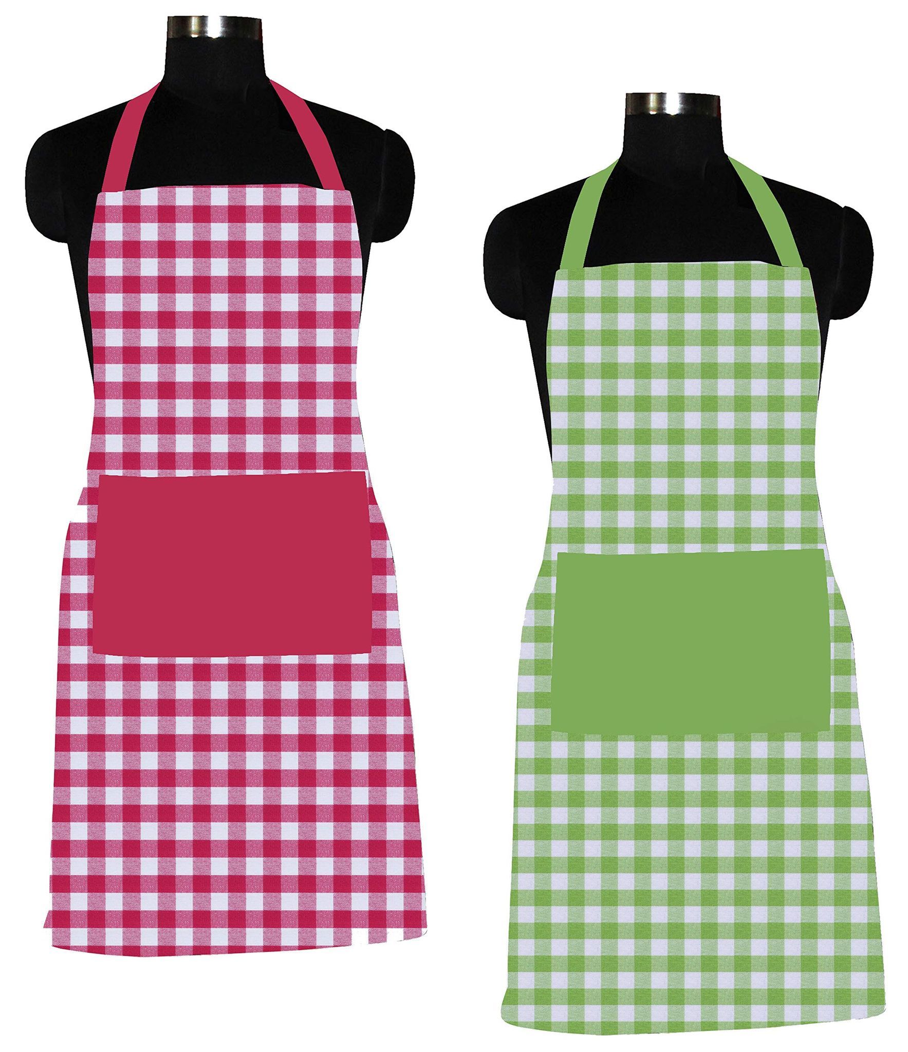AIRWILL 100% Cotton Premium Quality Checkered Pattern Free Sized Apron (Pink,Green, Pack of 2)