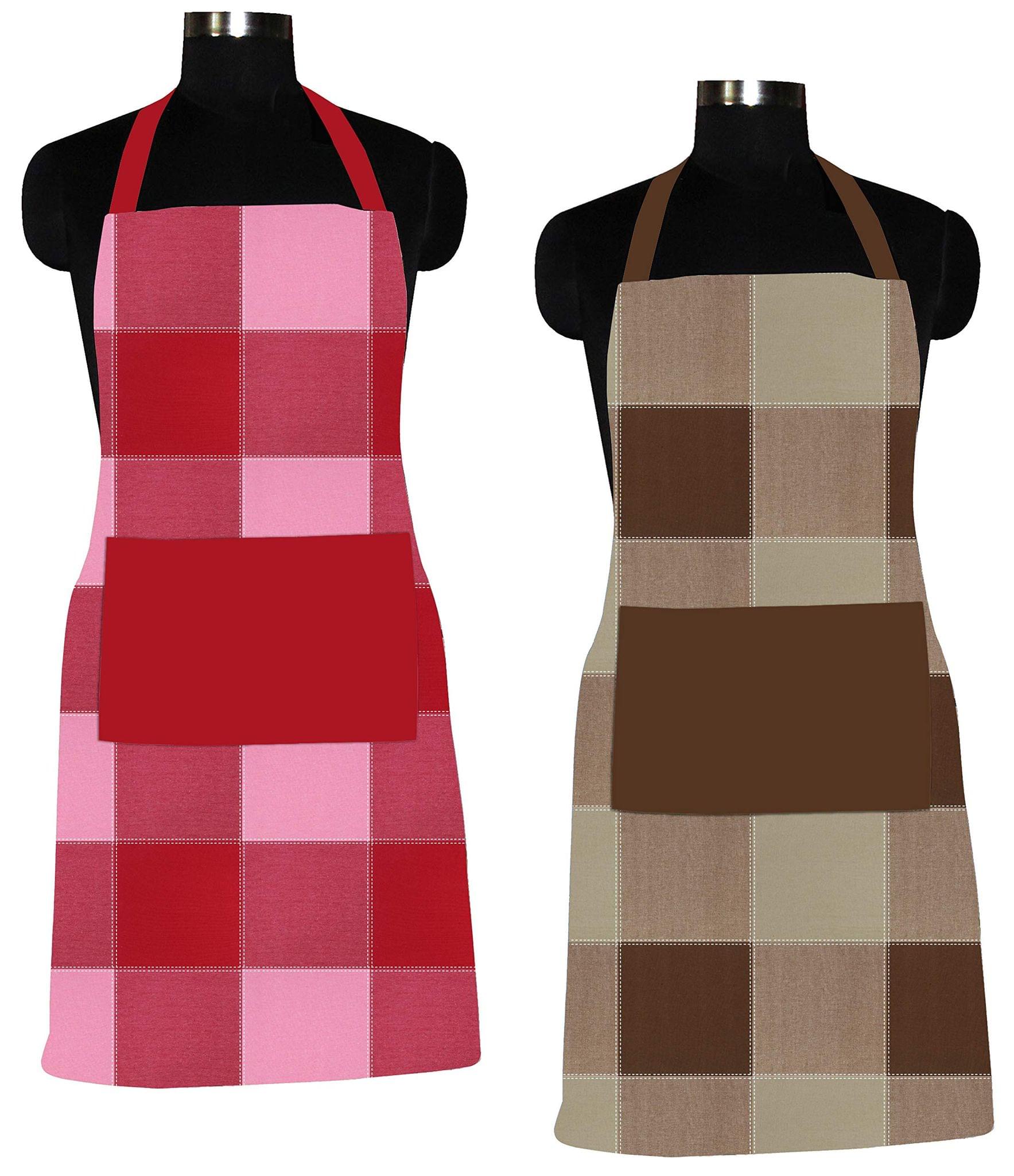 AIRWILL Cotton Dobby Checks Pattern Free Size Apron with Center Pocket, Adjustable Buckle on Top and Long Straps (Red,Brown, Pack of 2)