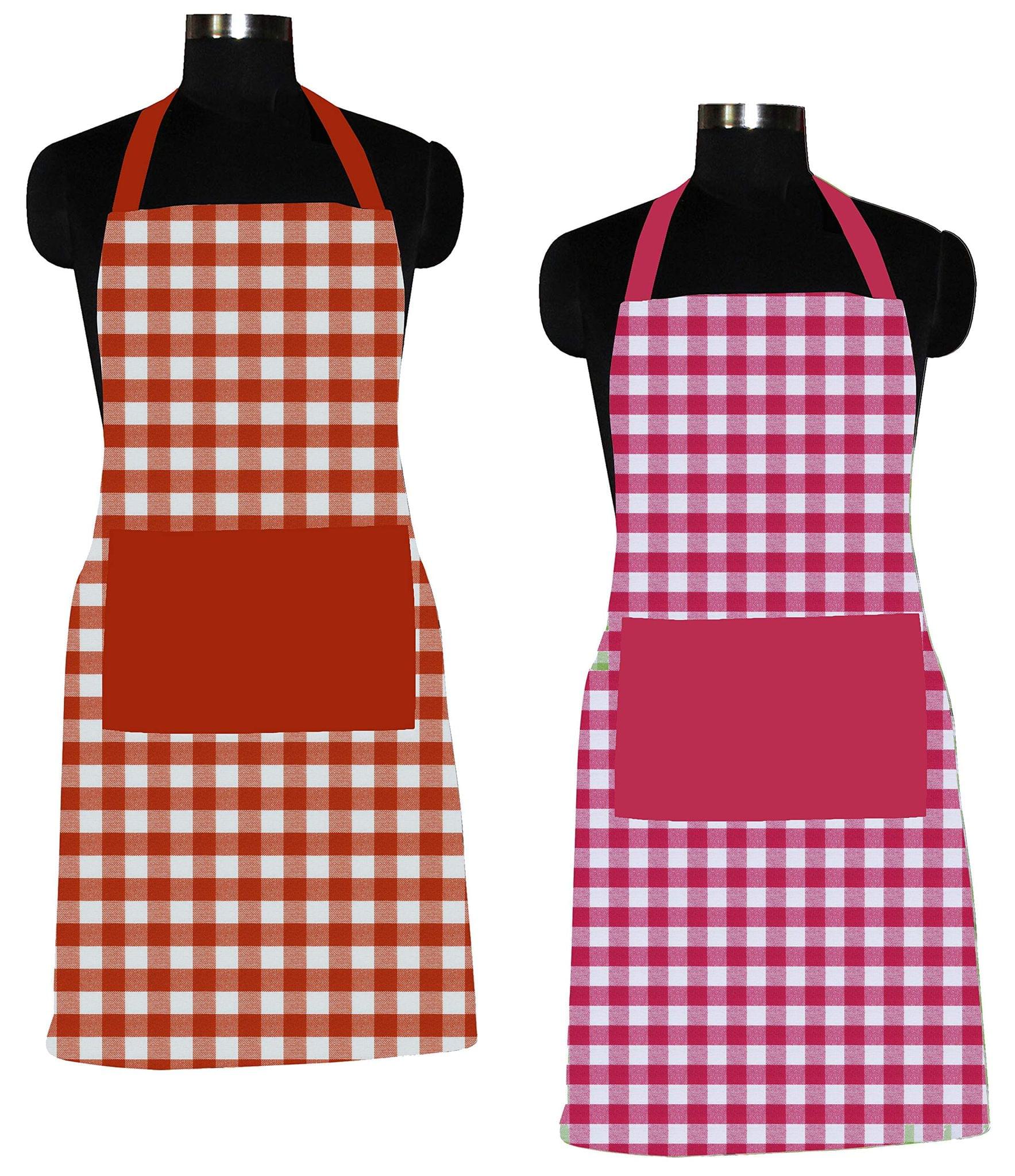AIRWILL 100% Cotton Premium Quality Checkered Pattern Free Sized Apron (Orange,Pink, Pack of 2)