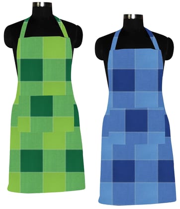 AIRWILL 100% Cotton Premium Quality Checkered Pattern Free Sized Apron (Green,Blue, Pack of 2)