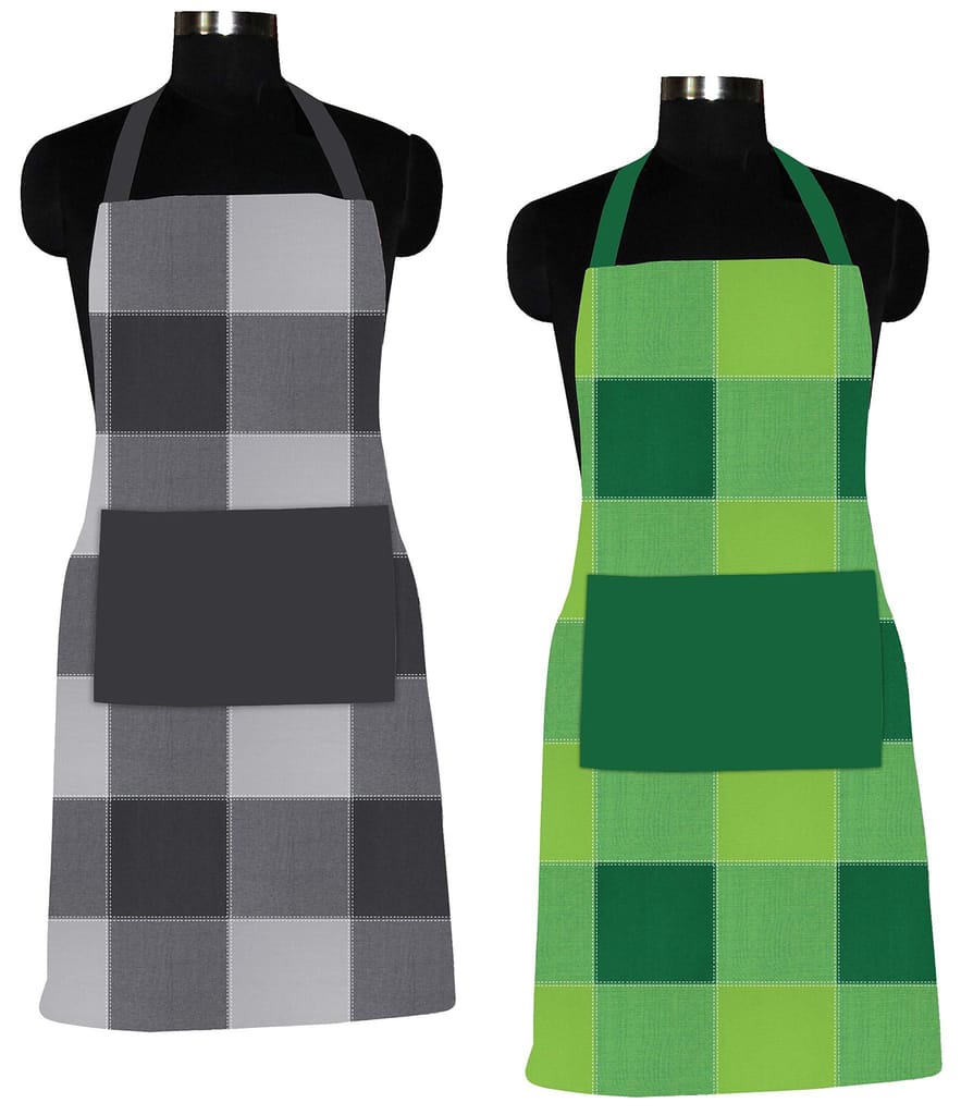 AIRWILL 100% Cotton Premium Quality Checkered Pattern Free Sized Apron (Black,Green, Pack of 2) - Cookware | Buy online on ZillyBuy