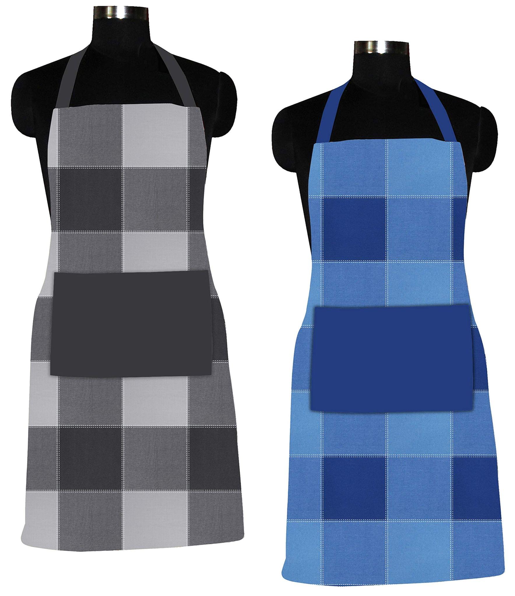 AIRWILL 100% Cotton Premium Quality Checkered Pattern Free Sized Apron (Black,Blue, Pack of 2)