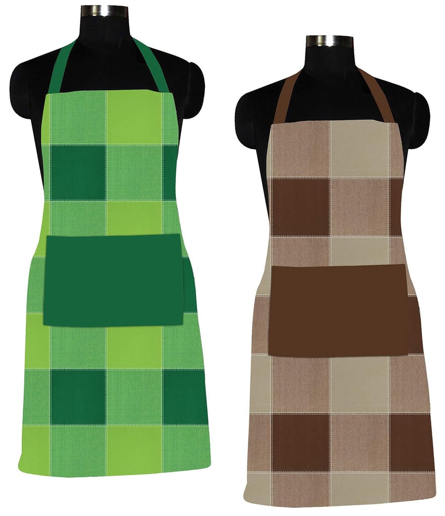 AIRWILL 100% Cotton Premium Quality Checkered Pattern Free Sized Apron (Green,Brown, Pack of 2) - Cookware | Buy online on ZillyBuy