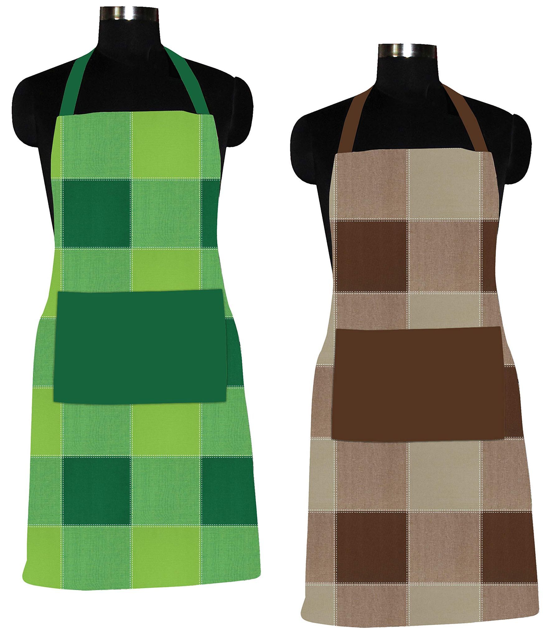 AIRWILL 100% Cotton Premium Quality Checkered Pattern Free Sized Apron (Green,Brown, Pack of 2)