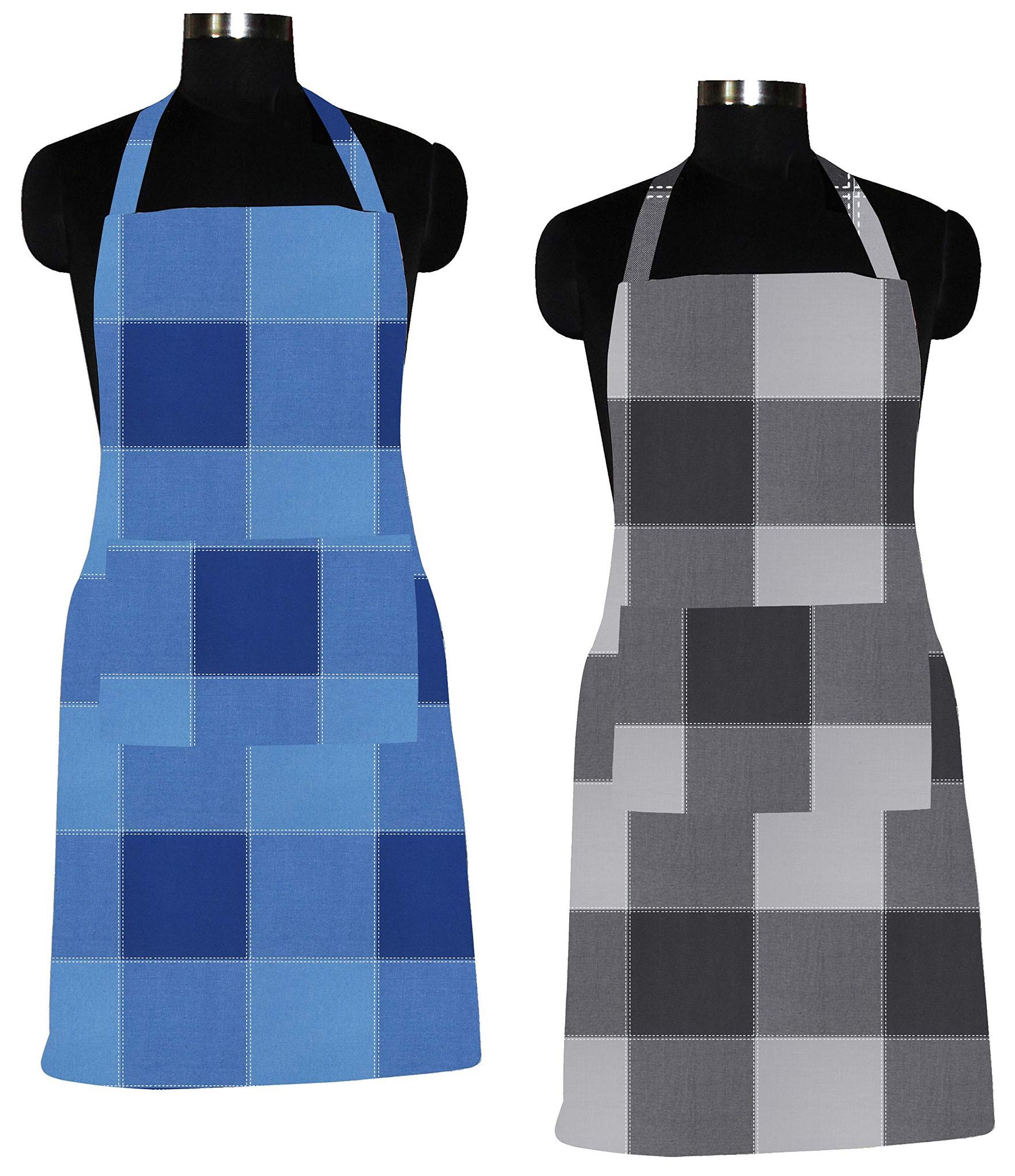 AIRWILL 100% Cotton Premium Quality Checkered Pattern Free Sized Apron (Blue,Black, Pack of 2)