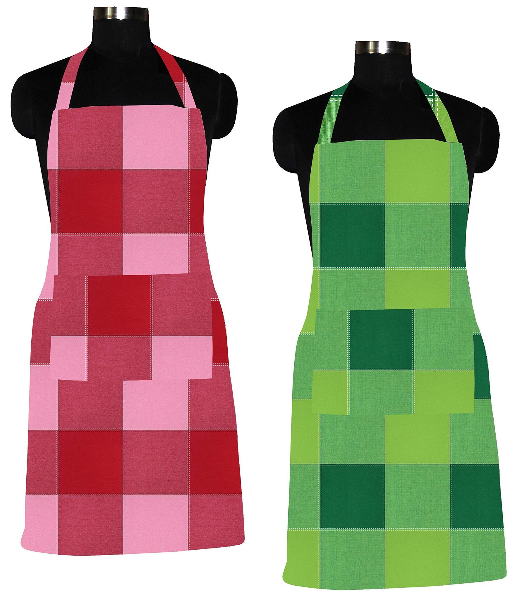 AIRWILL 100% Cotton Premium Quality Checkered Pattern Free Sized Apron (Red and Green, Pack of 2)