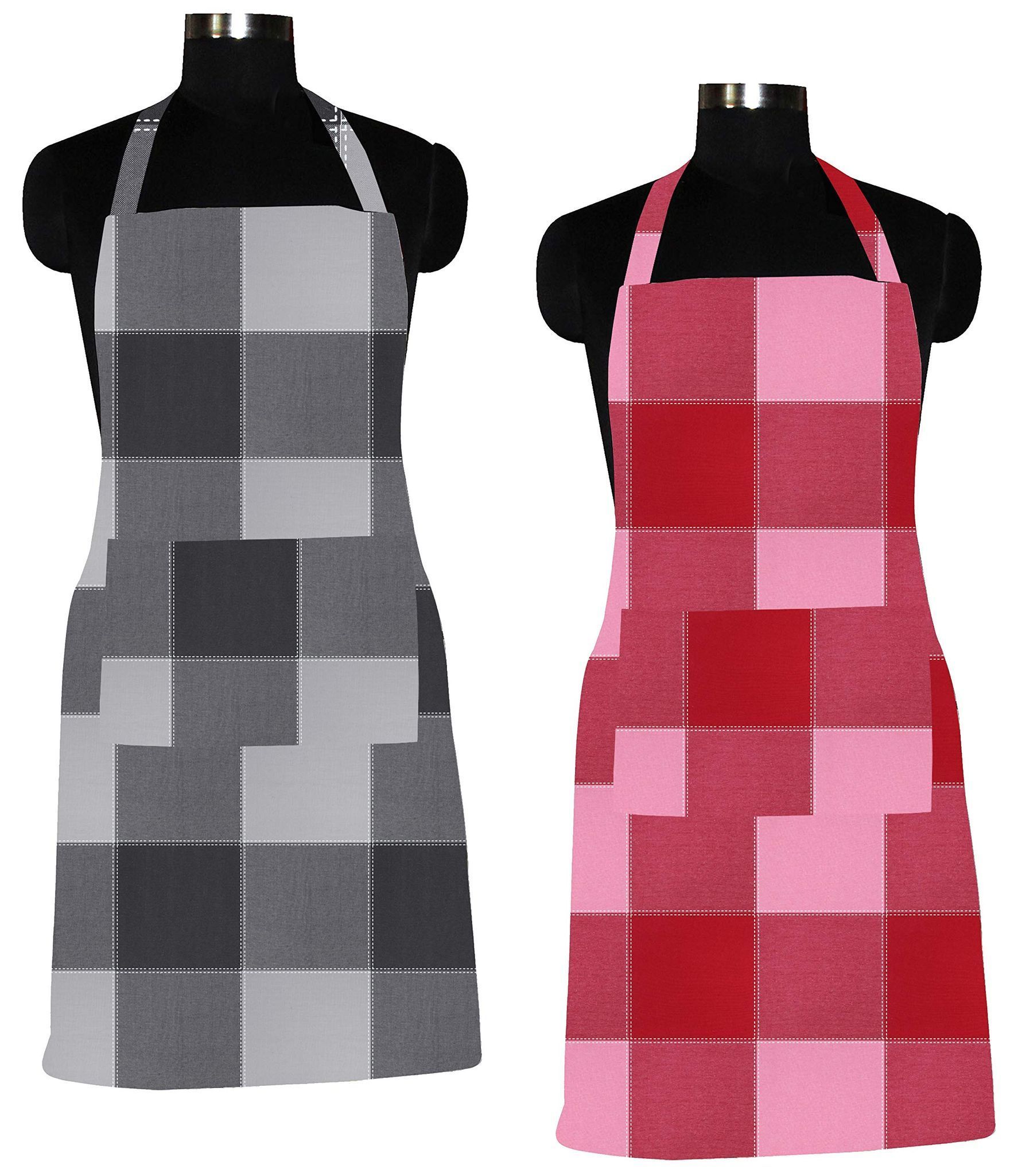 AIRWILL Cotton Dobby Checks Weaved Free Size Apron with Center Pocket, Adjustable Buckle on Top and Long Straps (Black,Red, Pack of 2)