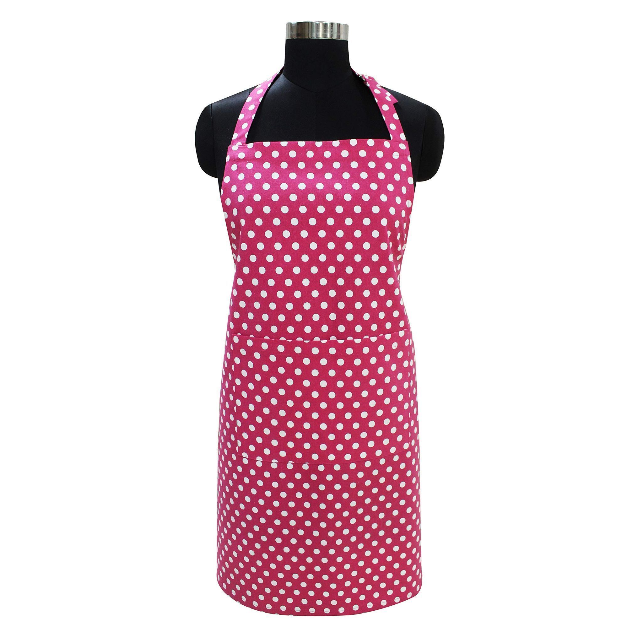 AIRWILL Cotton Chef's Free Size Polka Pattern Apron (Pink, Pack of 1 pc)