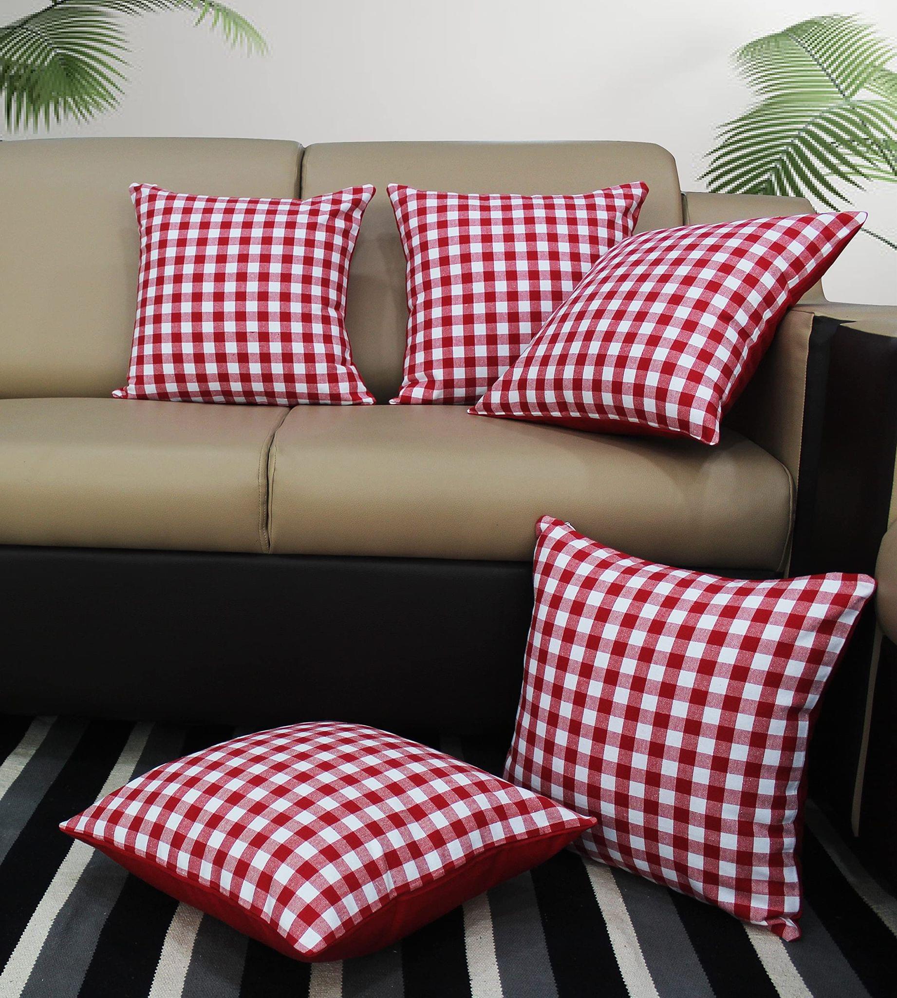 AIRWILL Cotton Gingham Check Red Themed Cushion Covers for Cushions & Pillows (Red & White, Pack of 5)