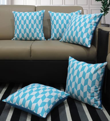 AIRWILL Cotton Classic Diamond Sea Blue Themed Cushion Covers for Cushions & Pillows (Sky Blue & White, Pack of 5)