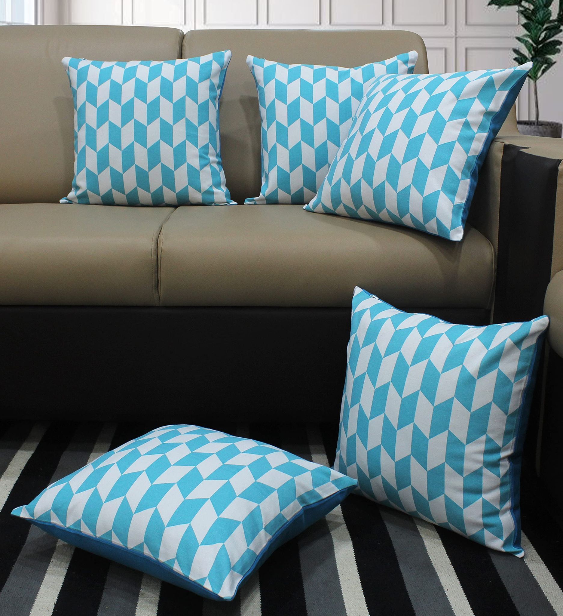 AIRWILL Cotton Classic Diamond Sea Blue Themed Cushion Covers for Cushions & Pillows (Sky Blue & White, Pack of 5)
