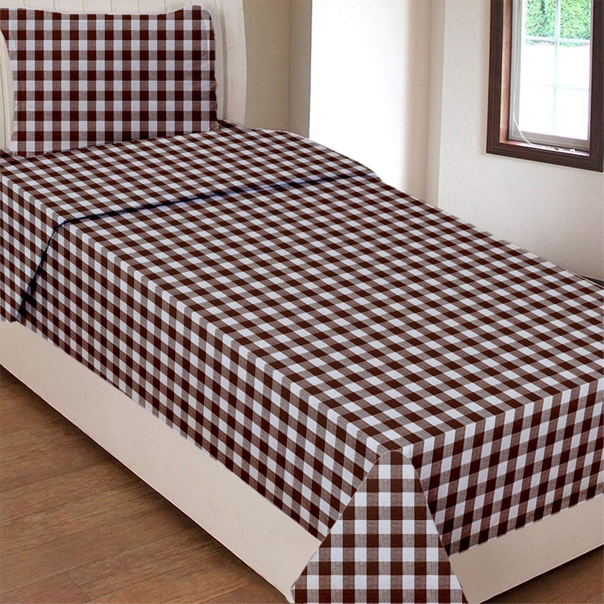 AIRWILL Cotton Gingham Checks 200 GSM Single Bedsheet with 1 Pillow Cover (Brown, Pack of 1 Set)