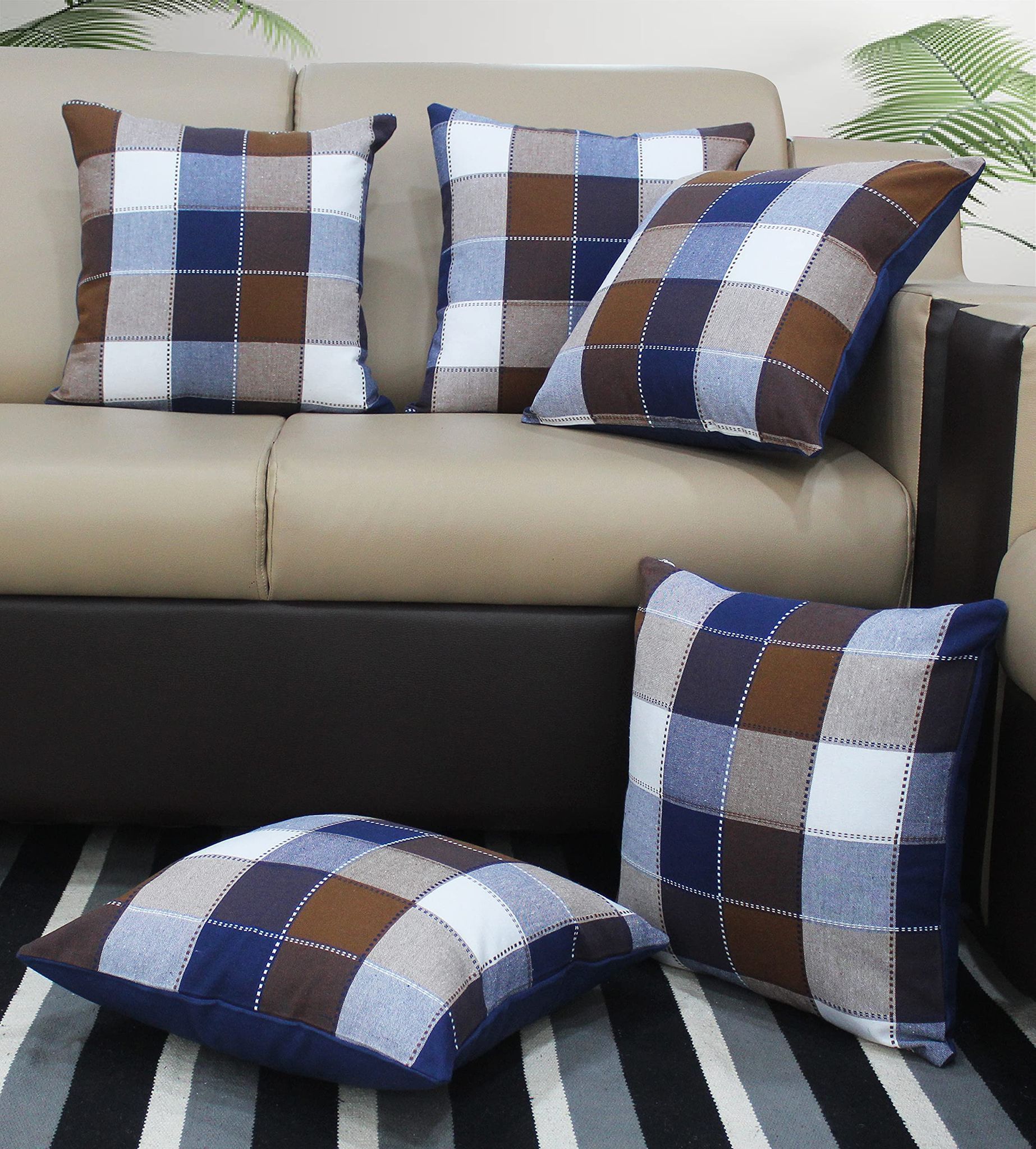 AIRWILL Cotton Dobby Blue Themed Cushion Covers for Cushions & Pillows (Blue & Brown, Pack of 5)