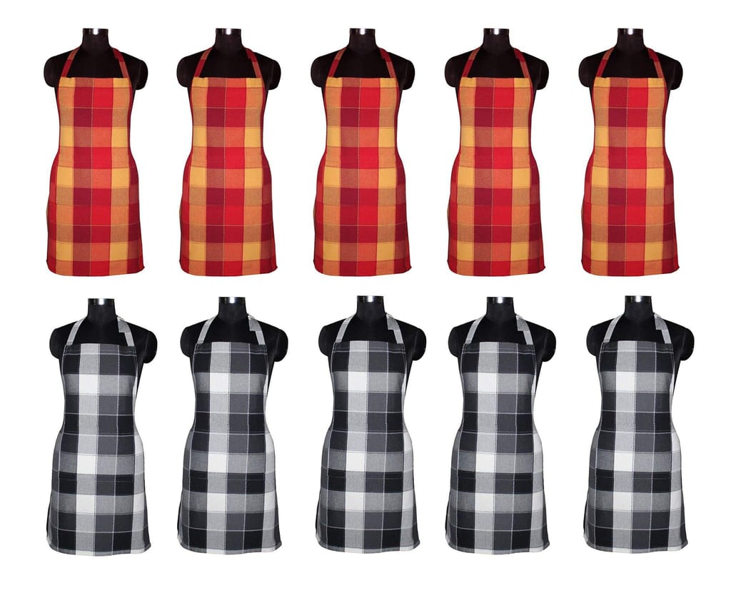 AIRWILL, 100% Cotton Yarn-dyed Designer Weaved Aprons, Sized 65cm in Width & 80cm in Length with 1 Center Pocket, Adjustable Buckle on Top and 2 Long Ties On Both 2 Sides. Pack of 10 Pieces