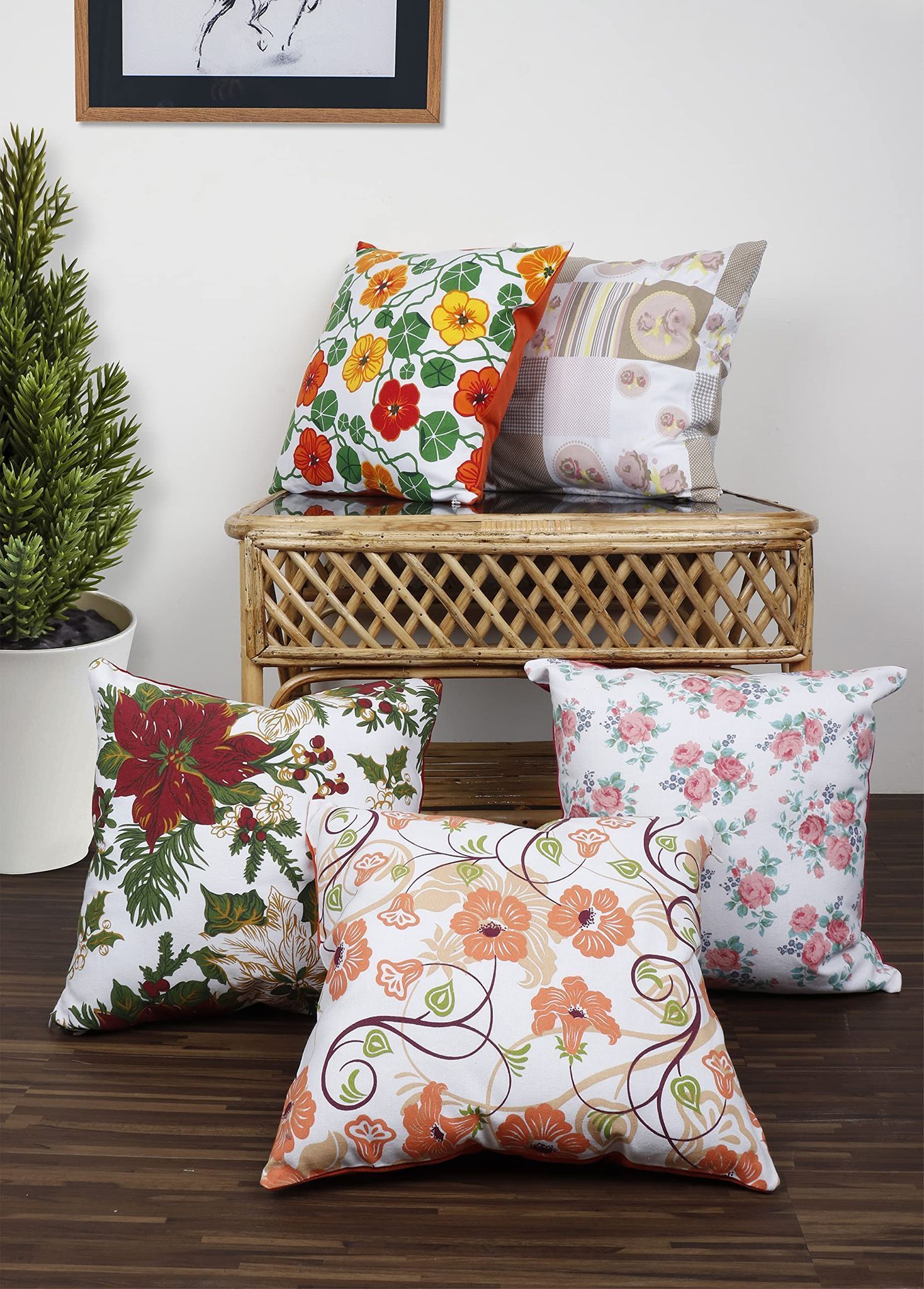 AIRWILL Cotton Decorative Floral Designed Cushion Pillow Covers (Pack-5, Multi)