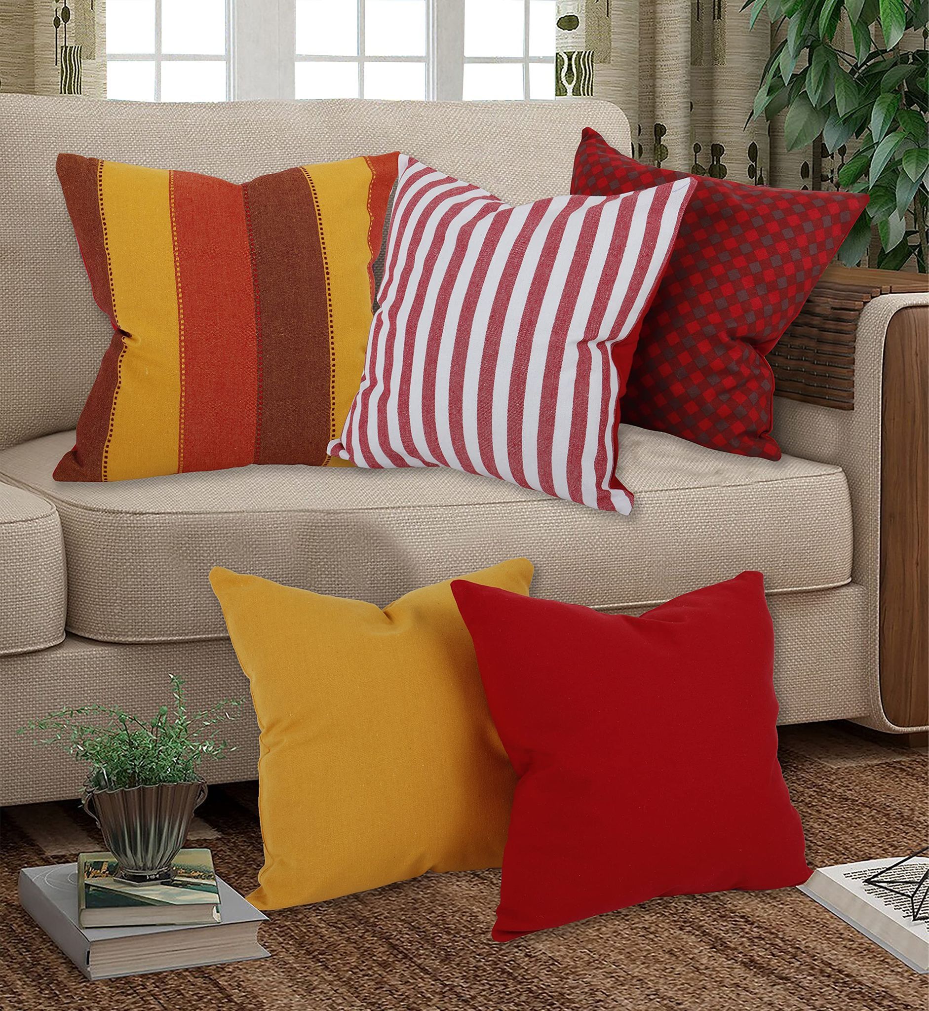 AIRWILL Cotton Decorative Motifs Cushion Pillow Covers (Pack-5, Multi)