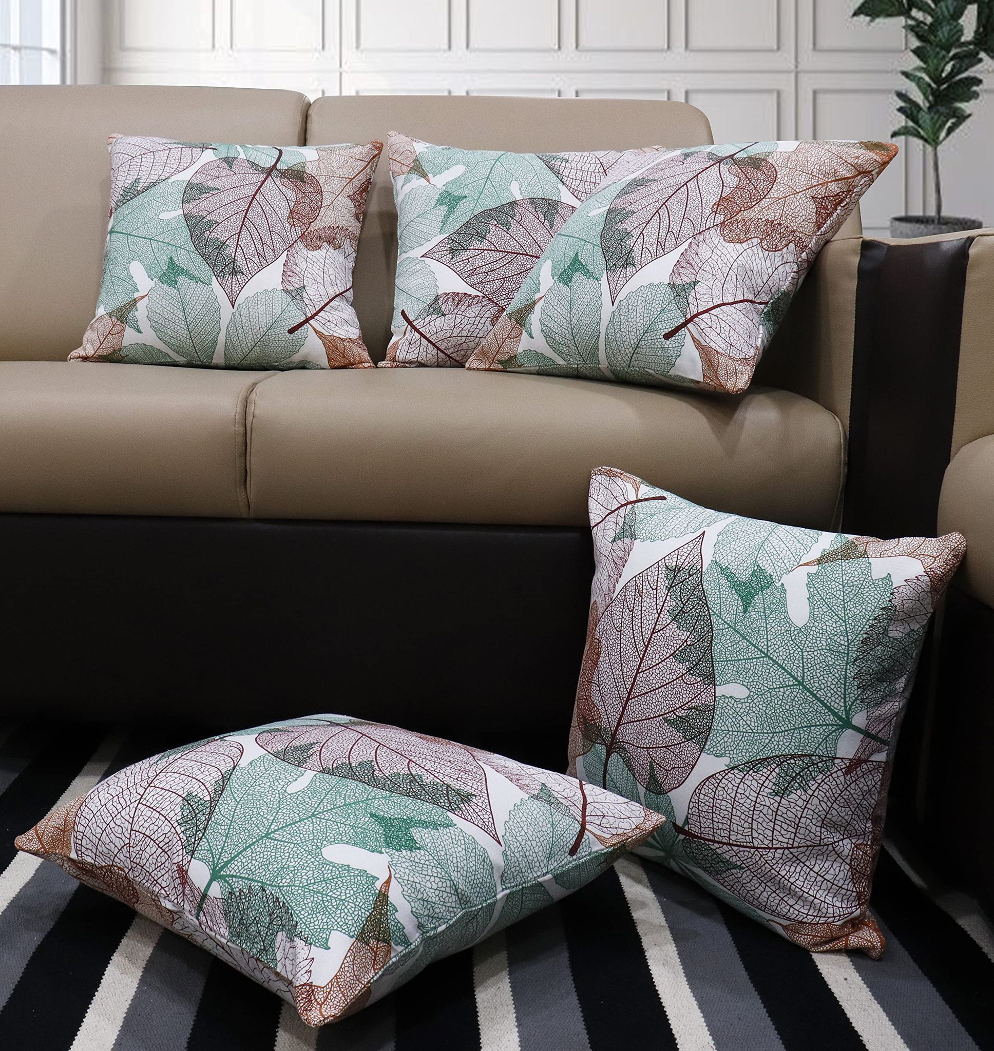 AIRWILL Cotton Vein Leaf Themed Cushion Covers for Cushions & Pillows (Pink & Green, Pack of 5)
