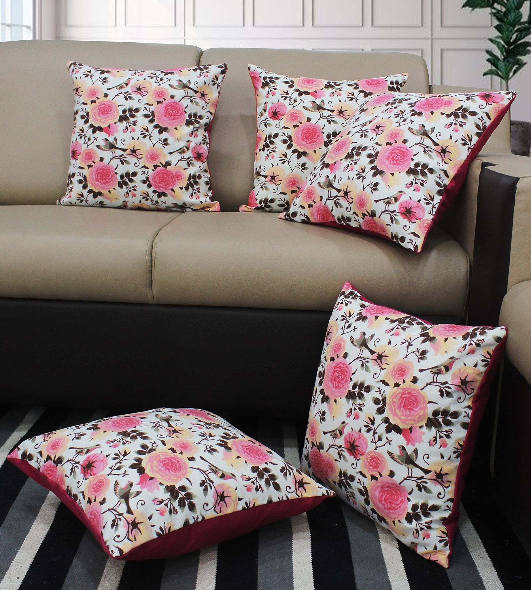 AIRWILL Cotton Ishabella Themed Cushion Covers for Cushions & Pillows (Red & Pink, Pack of 5)