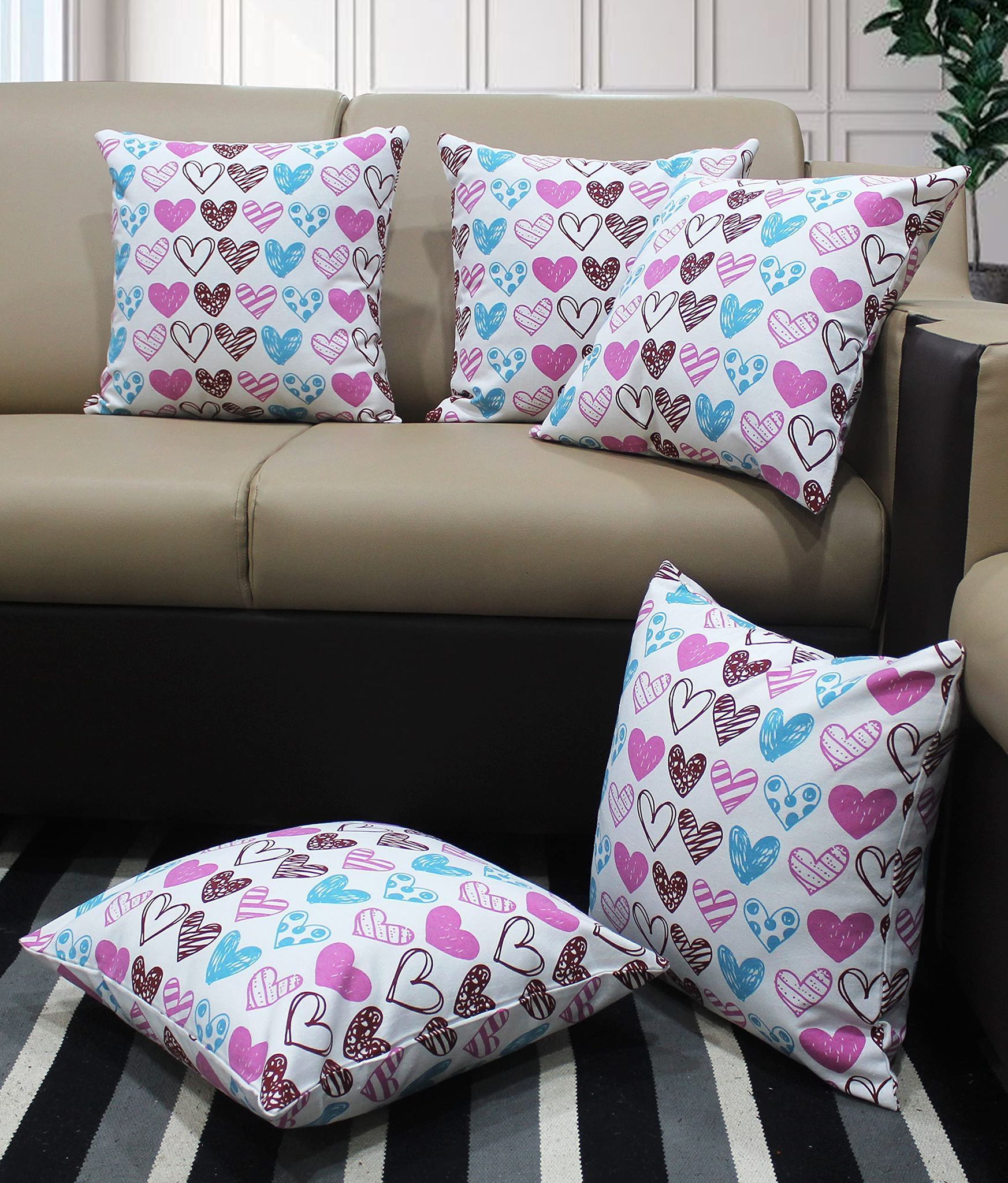 AIRWILL Cotton Metro Heart Themed Cushion Covers for Cushions & Pillows (Pink & Sky Blue, Pack of 5)