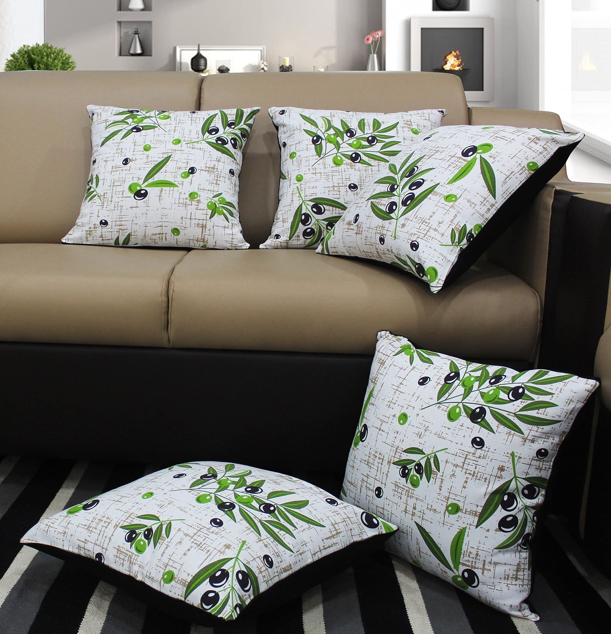 AIRWILL Cotton Olive Leaf Themed Cushion Covers for Cushions & Pillows (Green/White, Pack of 5)
