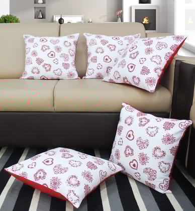 AIRWILL Cotton Red Heart Themed Cushion Covers for Cushions & Pillows (Red & White, Pack of 5)