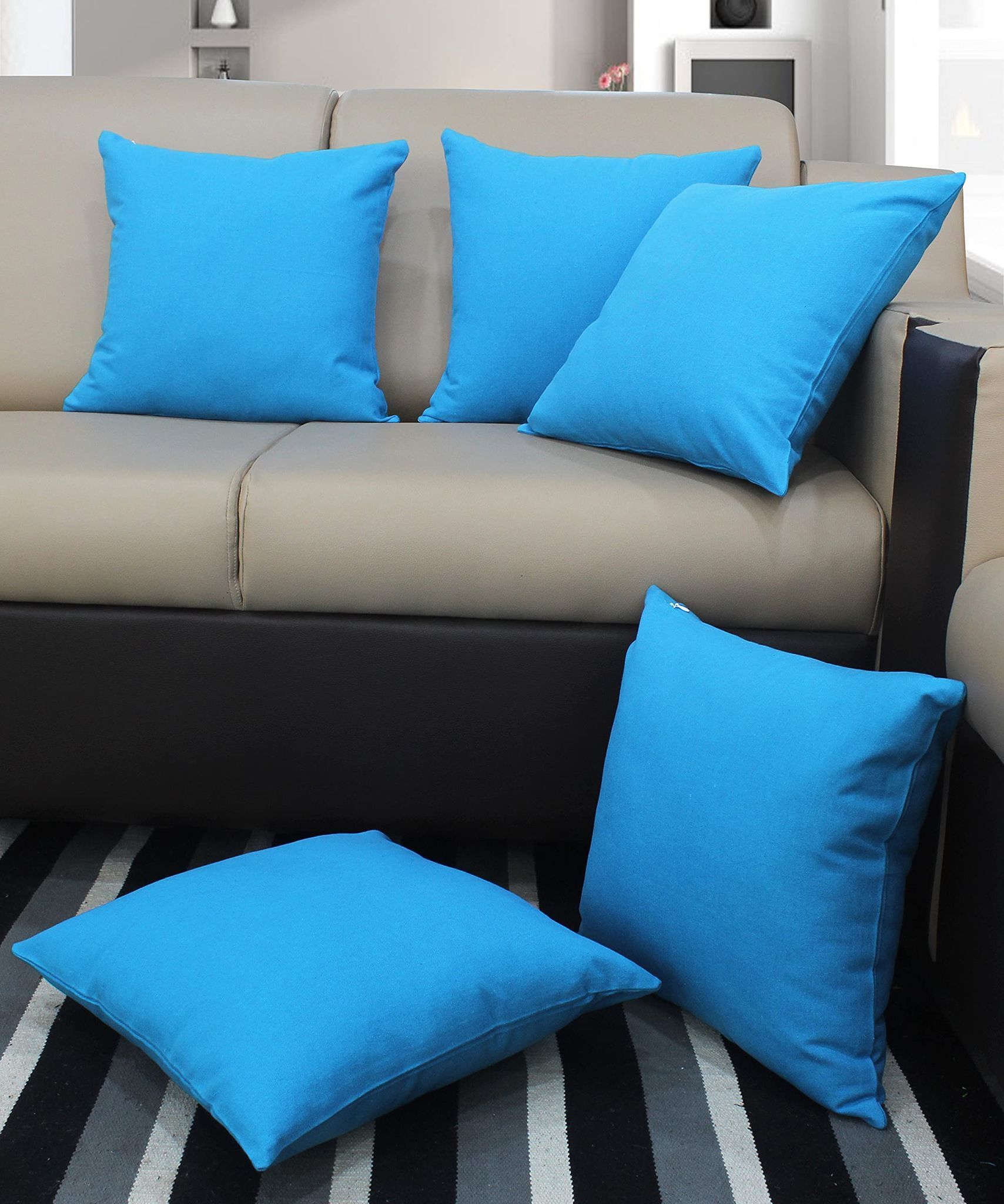 AIRWILL Cotton Plain Turquiose Blue Themed Cushion Covers for Cushions & Pillows (Sky Blue, Pack of 5)