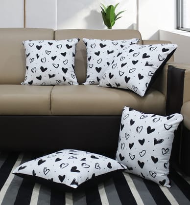 AIRWILL Cotton White Heart Themed Cushion Covers for Cushions & Pillows (Black*White, Pack of 5)