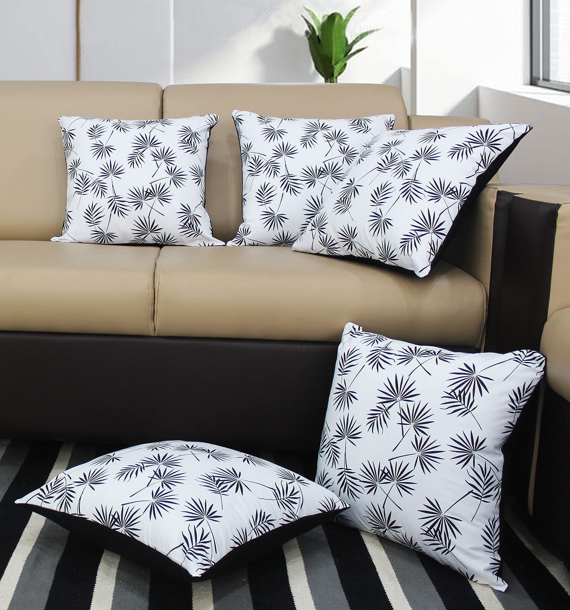 AIRWILL Cotton Neem Leaf Themed Cushion Covers for Cushions & Pillows (Black, Pack of 5)