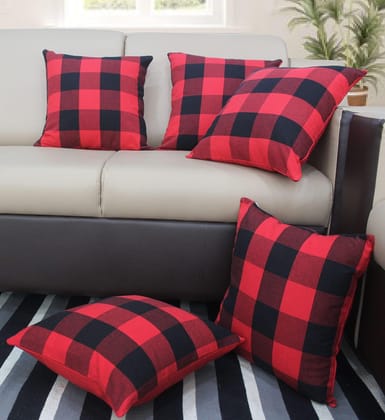 AIRWILL Cotton Big Check Themed Cushion Covers for Cushions & Pillows (Red & Black, Pack of 5)