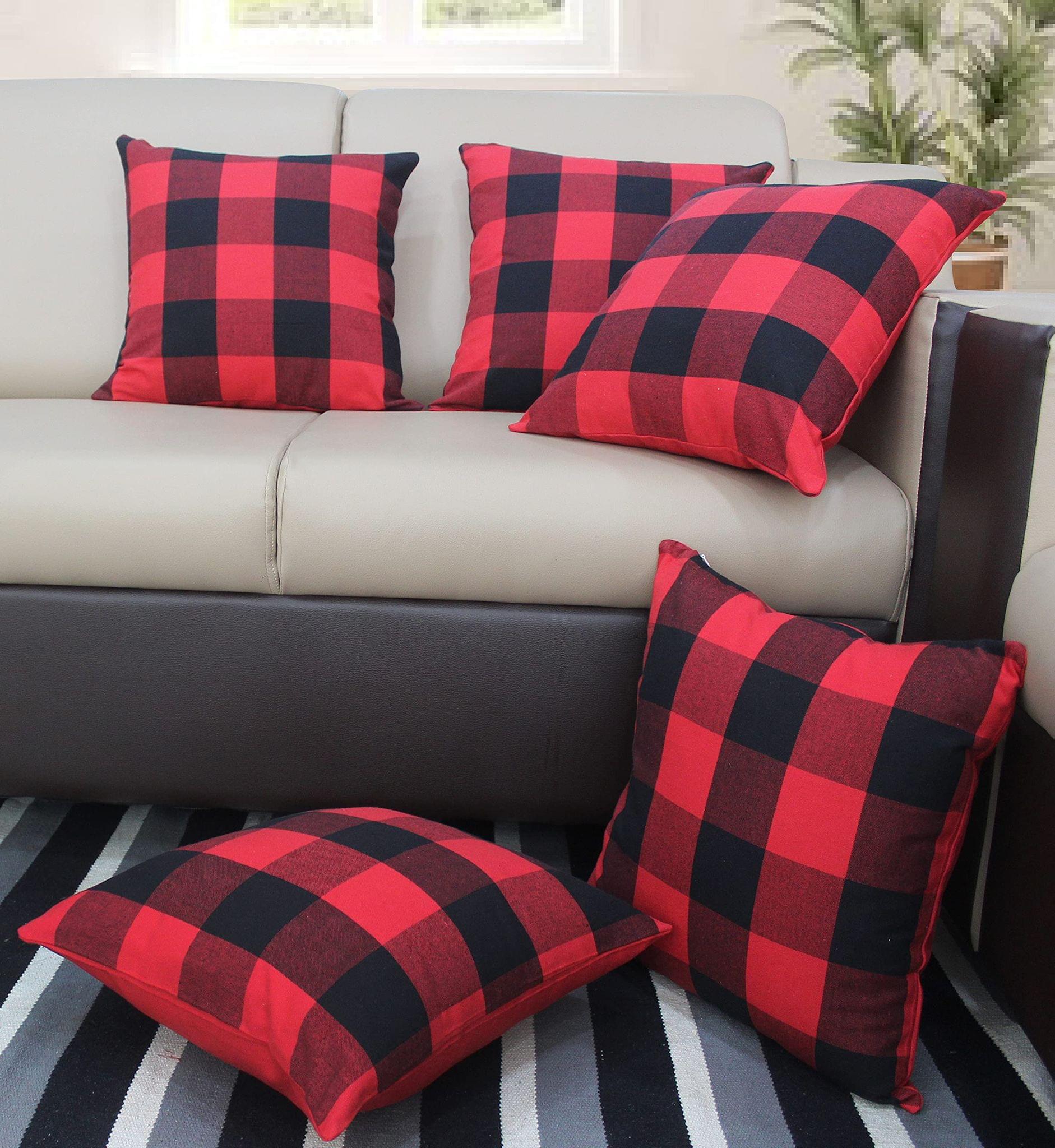 AIRWILL Cotton Big Check Themed Cushion Covers for Cushions & Pillows (Red & Black, Pack of 5)