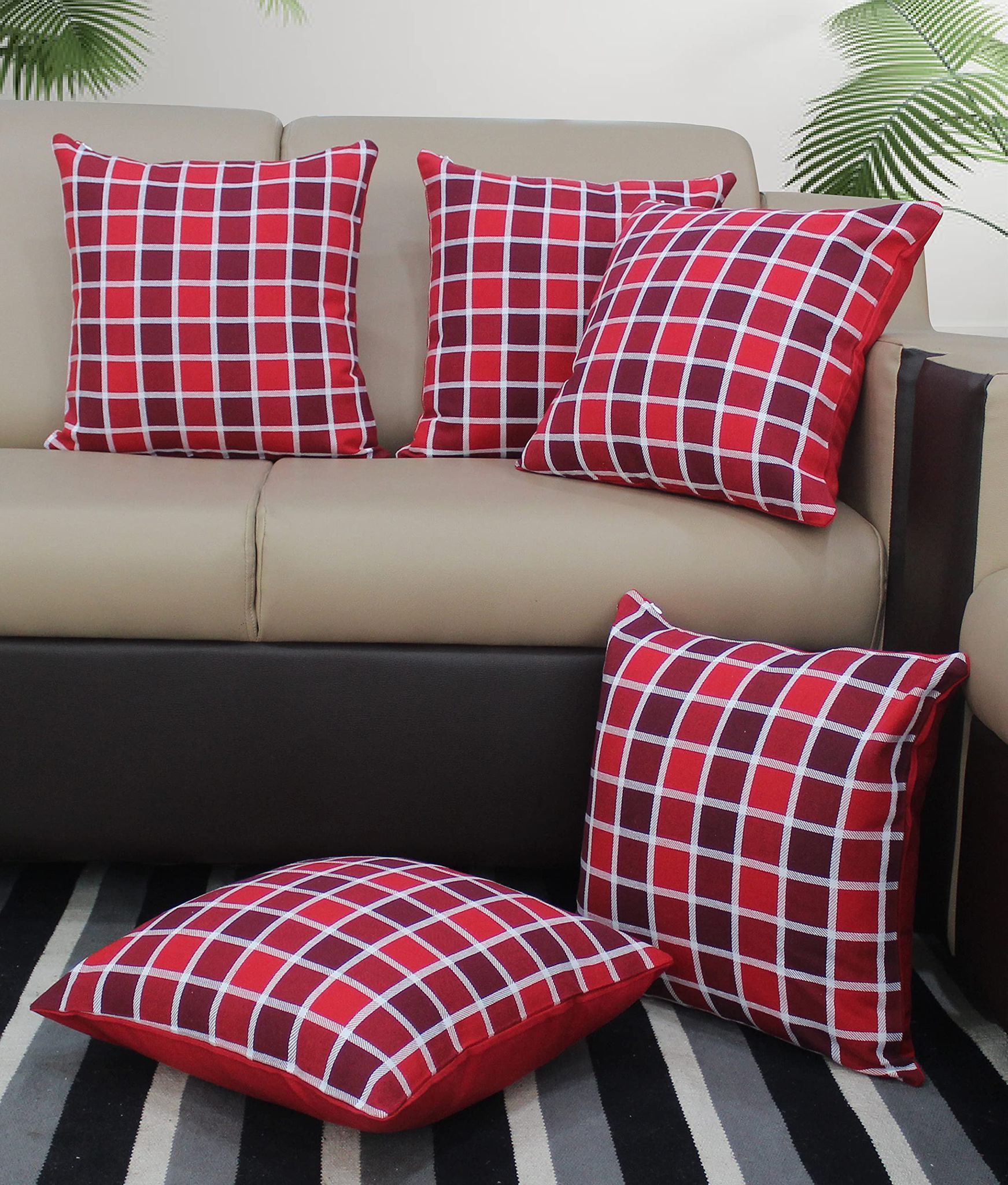 AIRWILL Cotton X-Mass Check Themed Cushion Covers for Cushions & Pillows (Red & Maroon, Pack of 5)