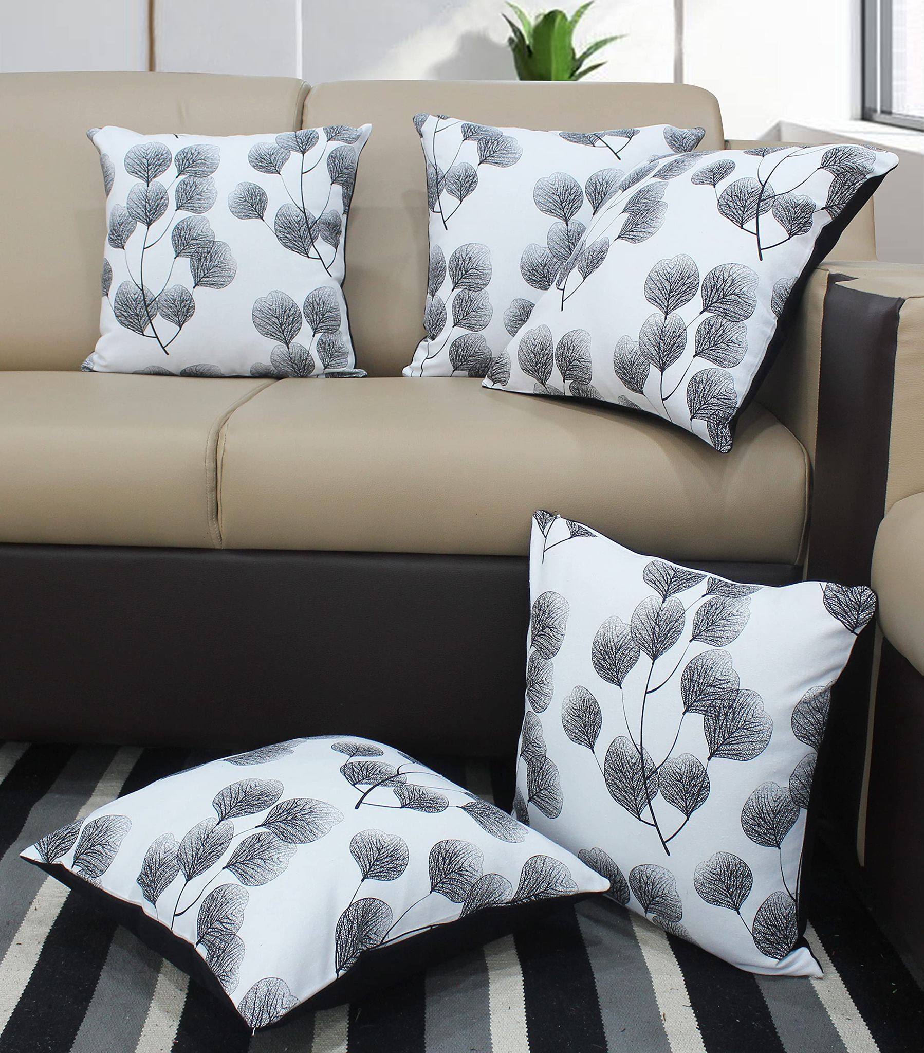 AIRWILL Cotton Root Leaf Themed Cushion Covers for Cushions & Pillows (Black&White, Pack of 5)