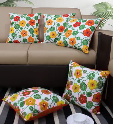 AIRWILL Cotton Green & Orange Flower Themed Cushion Covers for Cushions & Pillows (Red & Yellow, Pack of 5)