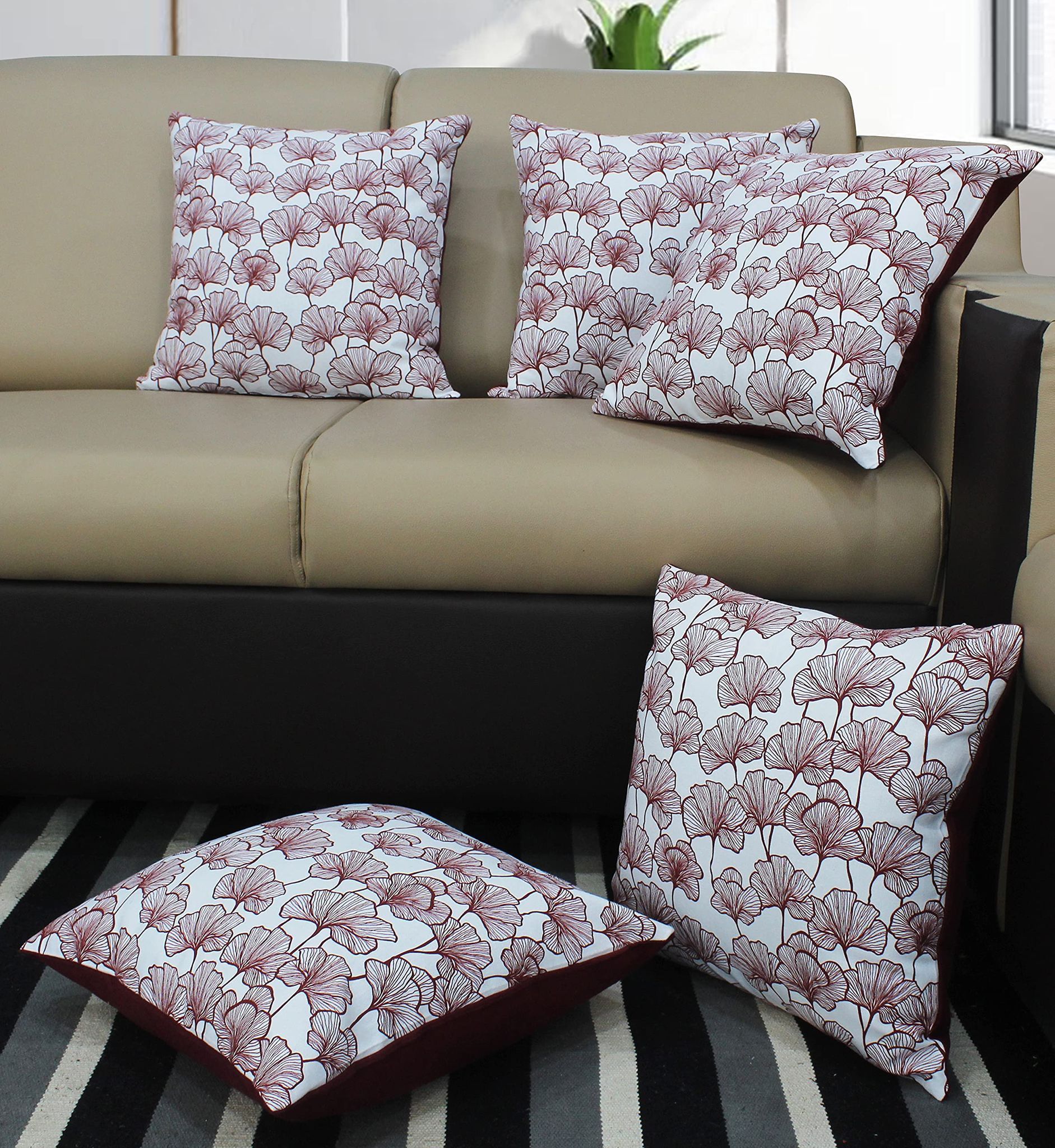 AIRWILL Cotton Single Leaf Maroon Themed Cushion Covers for Cushions & Pillows (Maroon & White, Pack of 5)