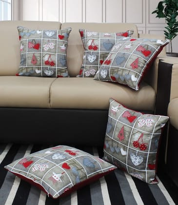 AIRWILL Cotton X-Mass Heart Themed Cushion Covers for Cushions & Pillows (Grey & Red, Pack of 5)