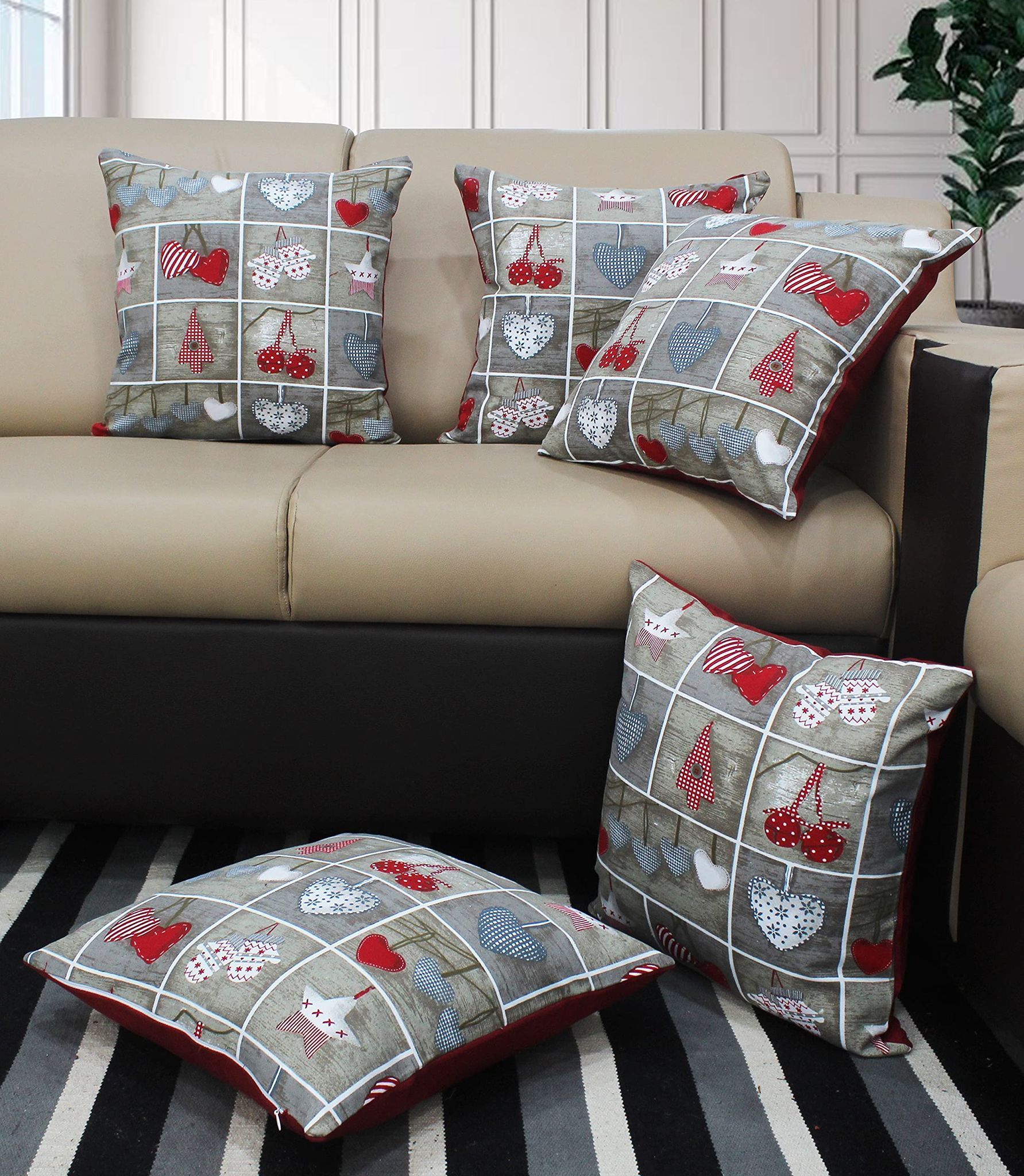 AIRWILL Cotton X-Mass Heart Themed Cushion Covers for Cushions & Pillows (Grey & Red, Pack of 5)
