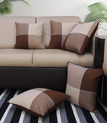 AIRWILL Cotton 4-Way Dobby Brown Themed Cushion Covers for Cushions & Pillows (Brown & Beige, Pack of 5)
