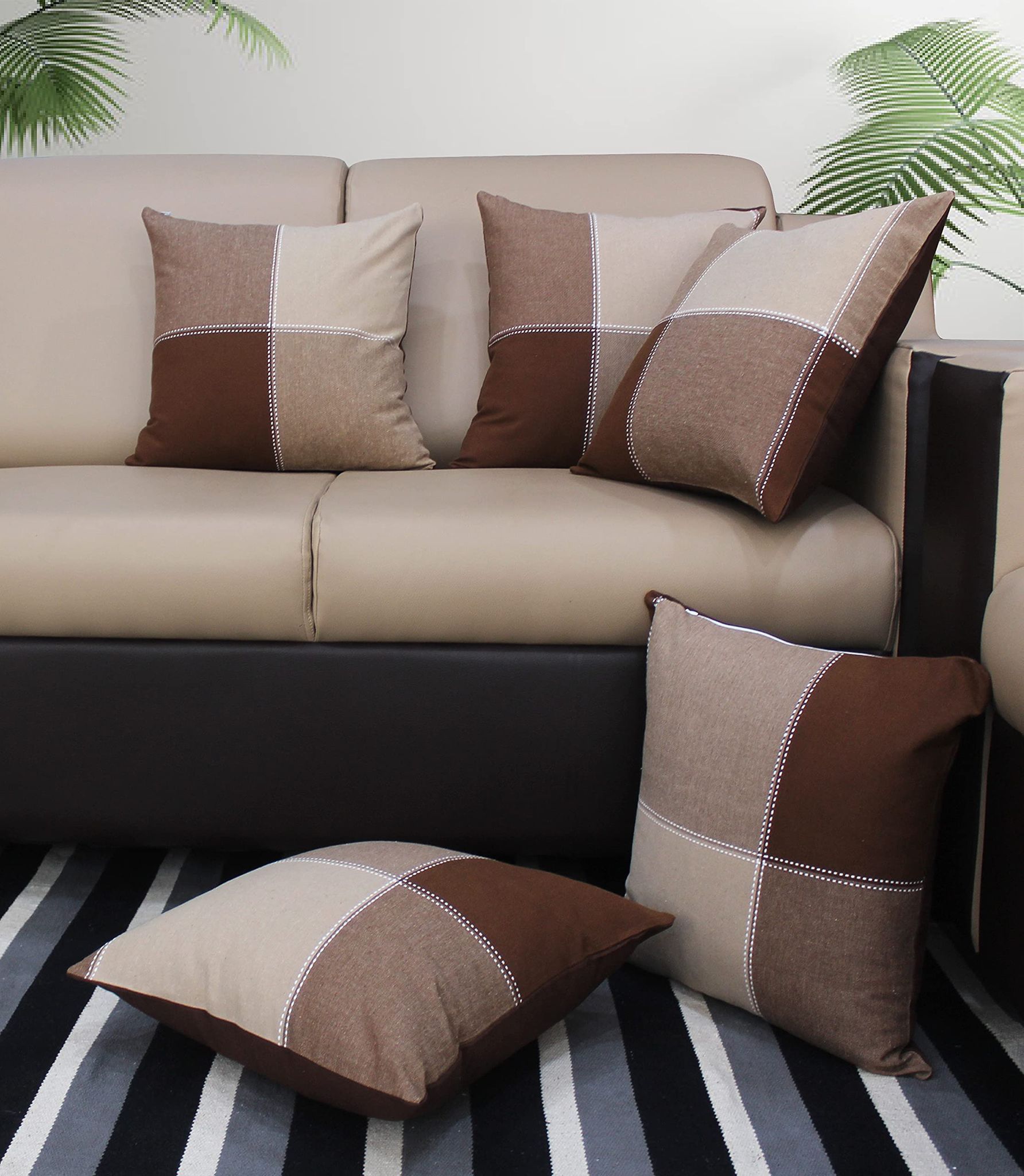 AIRWILL Cotton 4-Way Dobby Brown Themed Cushion Covers for Cushions & Pillows (Brown & Beige, Pack of 5)