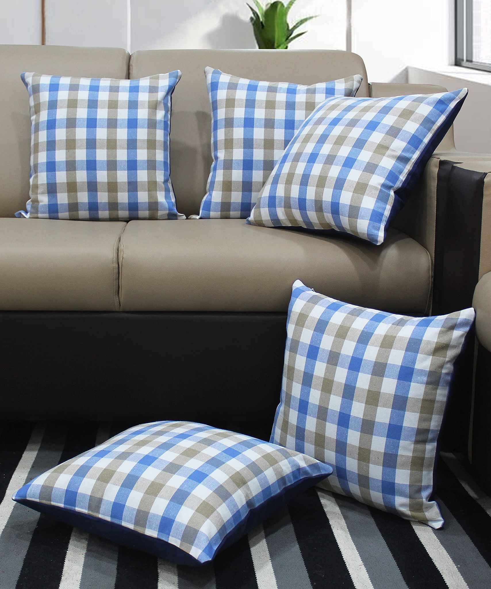 AIRWILL Cotton Lanfrancki Blue Themed Cushion Covers for Cushions & Pillows (Blue & Beige, Pack of 5)