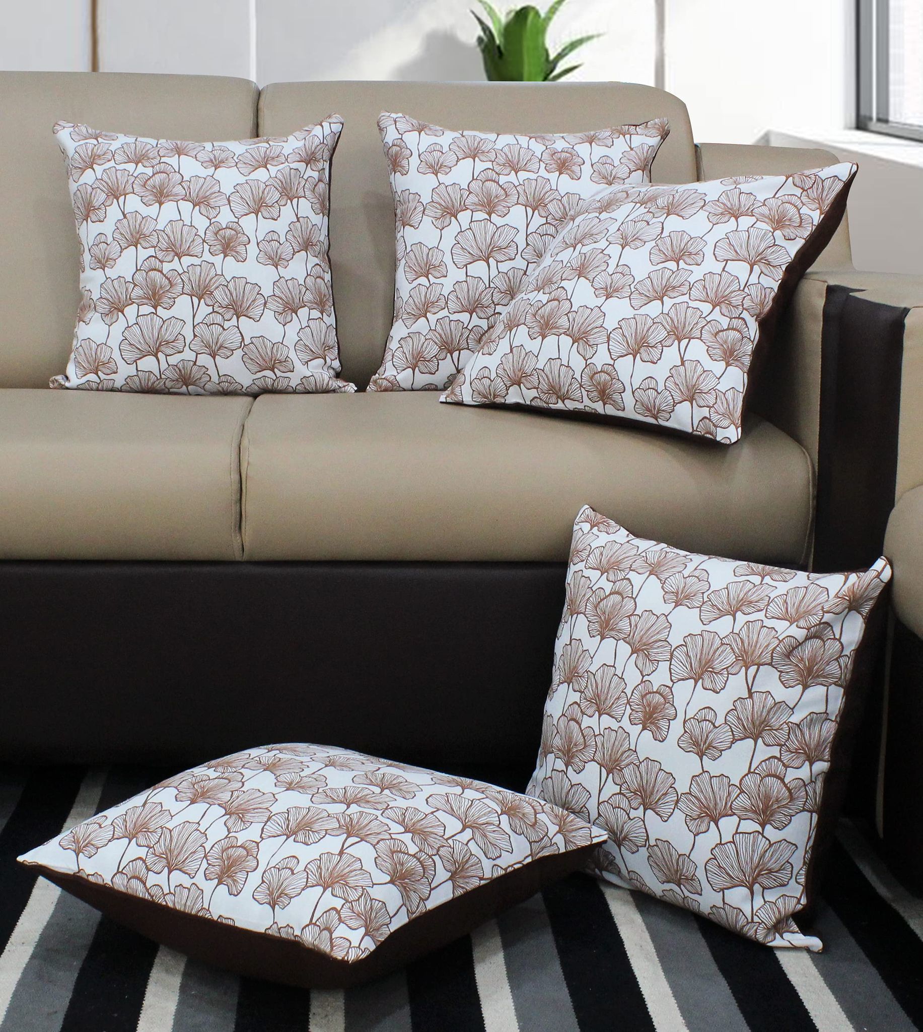 AIRWILL Cotton Single Leaf Brown Cushion Covers Cushions & Pillows (Brown & White, Pack of 5)