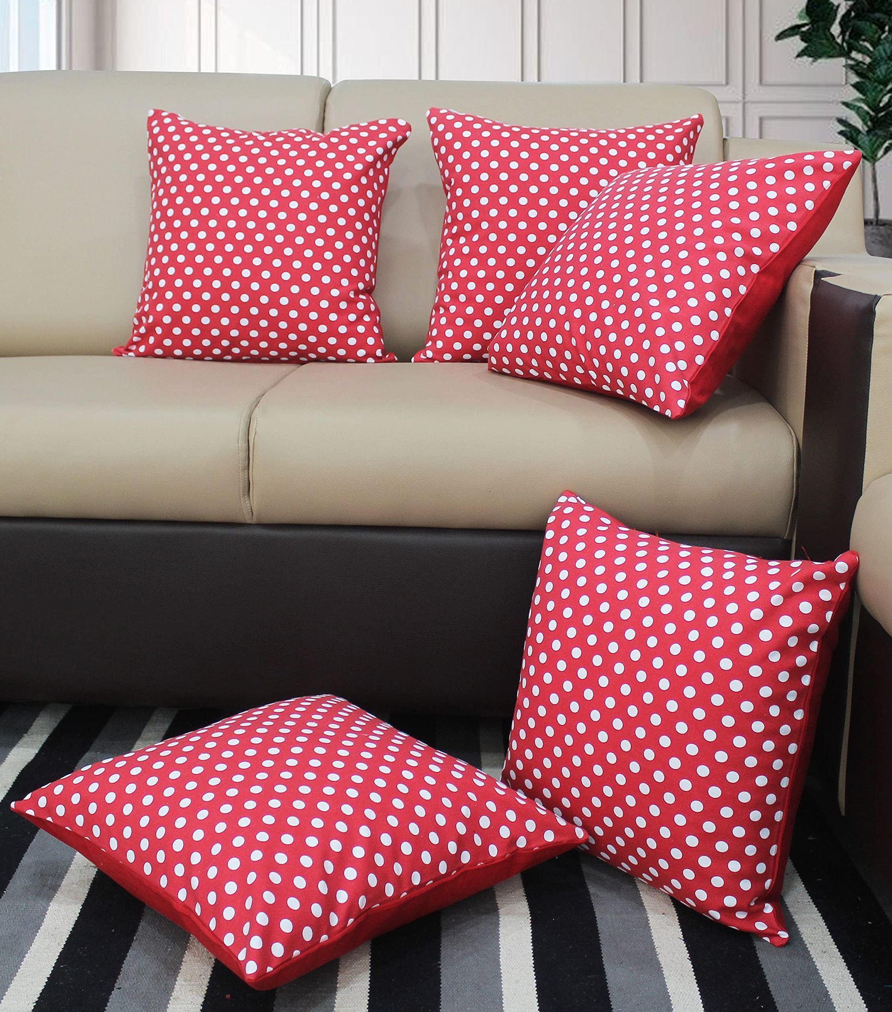 AIRWILL Cotton Polka Dot Red Themed Cushion Covers for Cushions & Pillows (Red & White, Pack of 5)