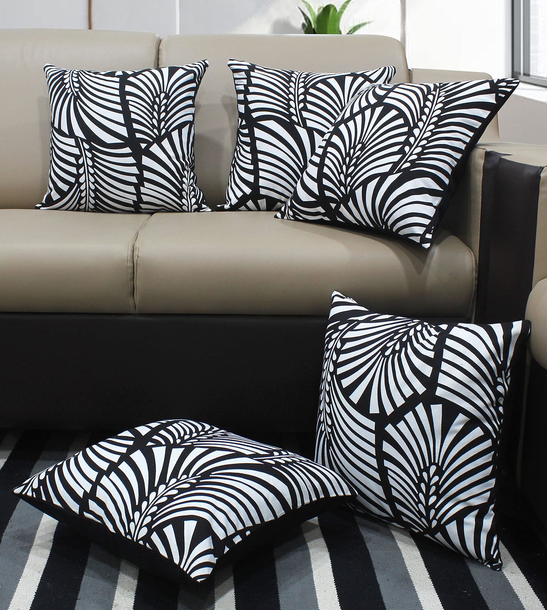 AIRWILL Cotton Themed Cushion Covers for Cushions & Pillows (Black & White, Pack of 5)