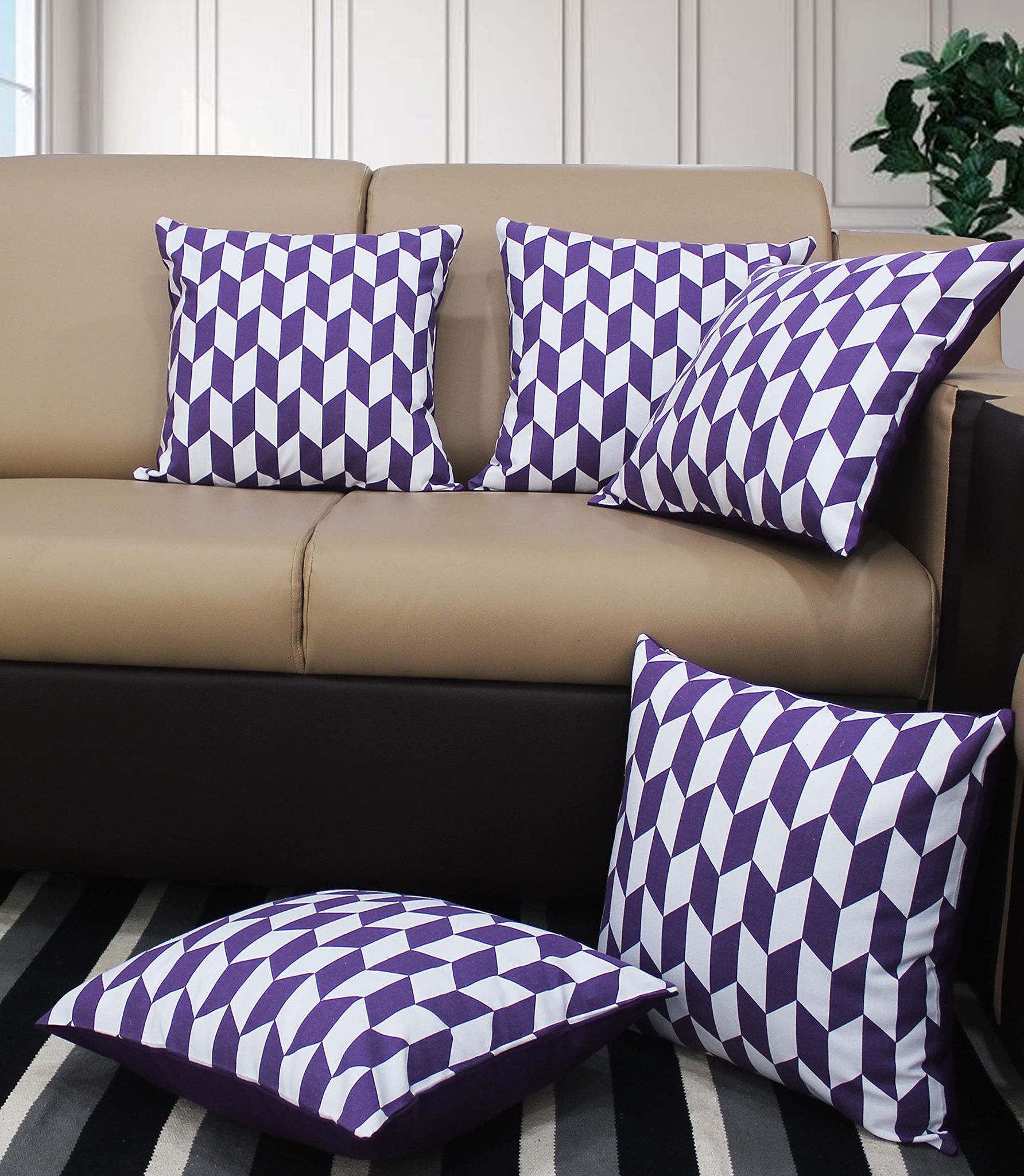 AIRWILL Cotton Classic Diamond Purple Themed Cushion Covers for Cushions & Pillows (Purple & White, Pack of 5)