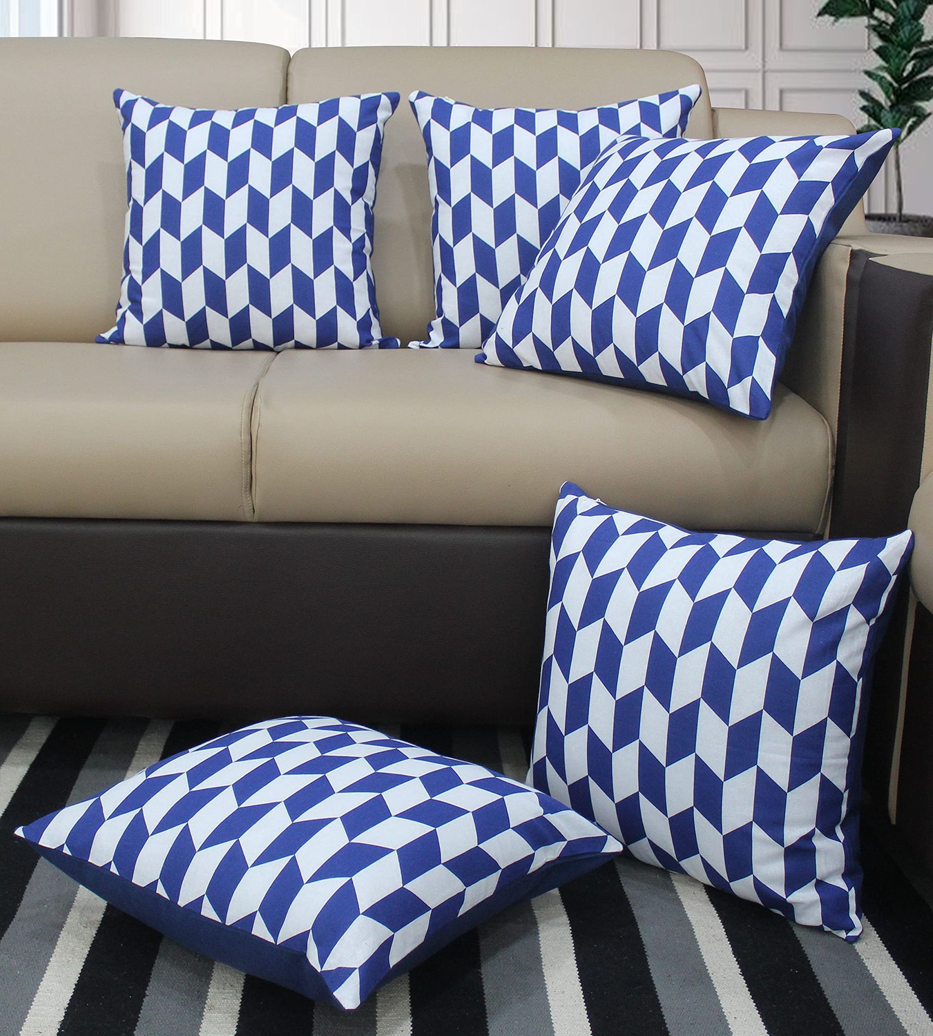 AIRWILL Cotton Classic Diamond Blue Themed Cushion Covers for Cushions & Pillows (Blue & White, Pack of 5)